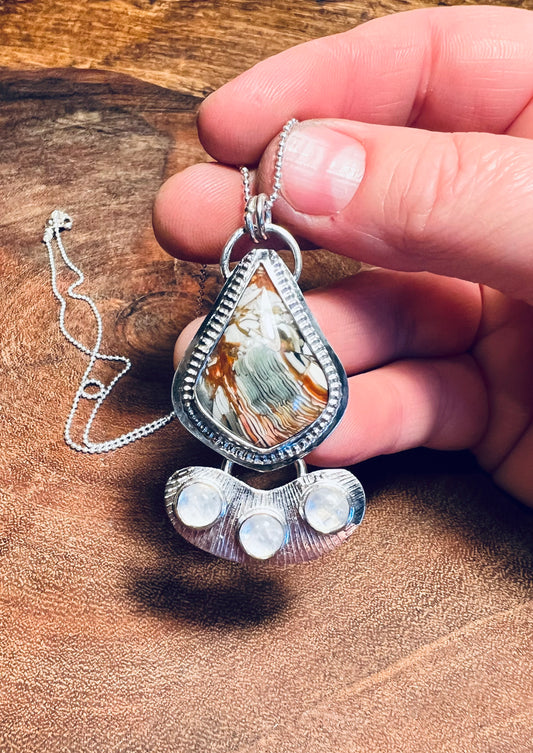 Brecciated Ibis Jasper and Rainbow Moonstone Pendant