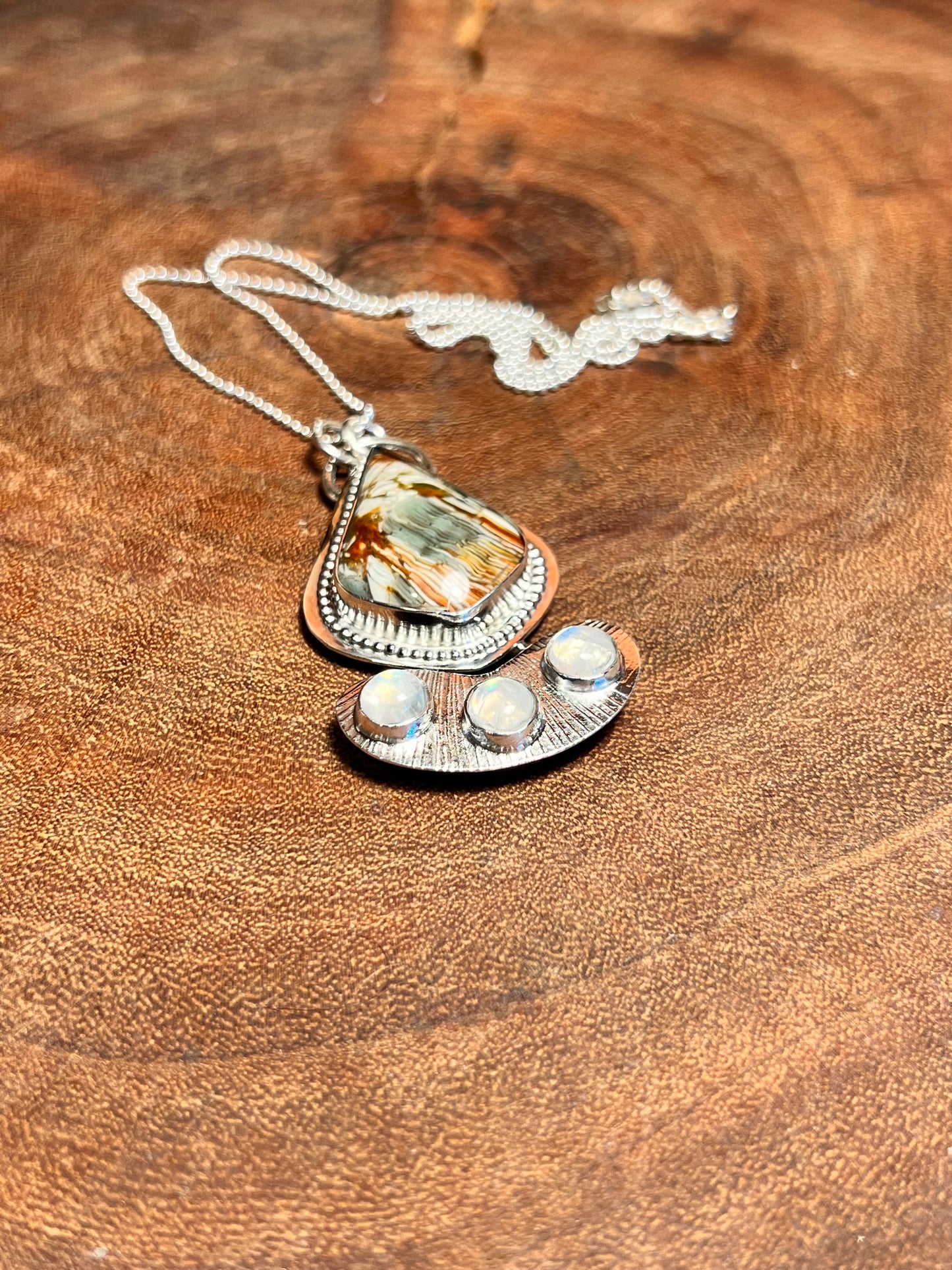 Brecciated Ibis Jasper and Rainbow Moonstone Pendant