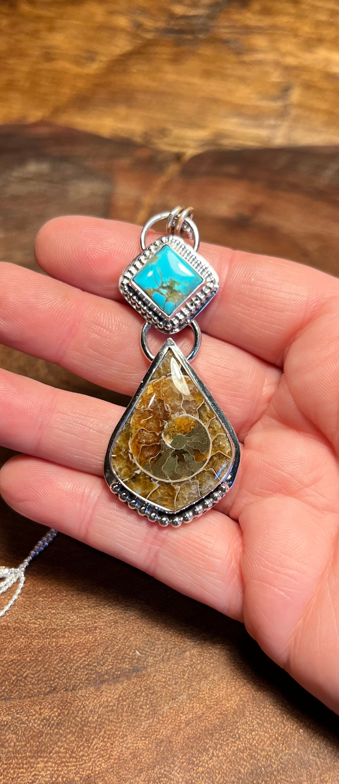 Ammonite and Manassa Turquoise Sterling Silver Pendant