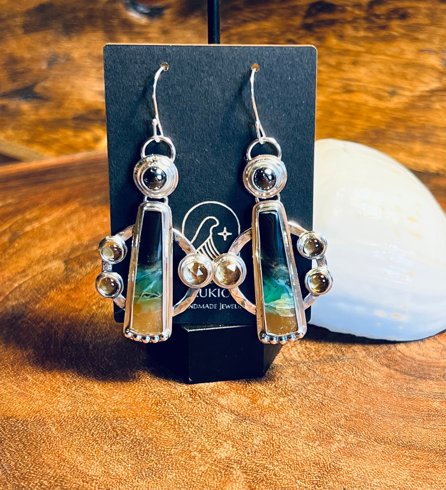 Stained Glass Opalized Wood with Citrine and Hematite Earrings