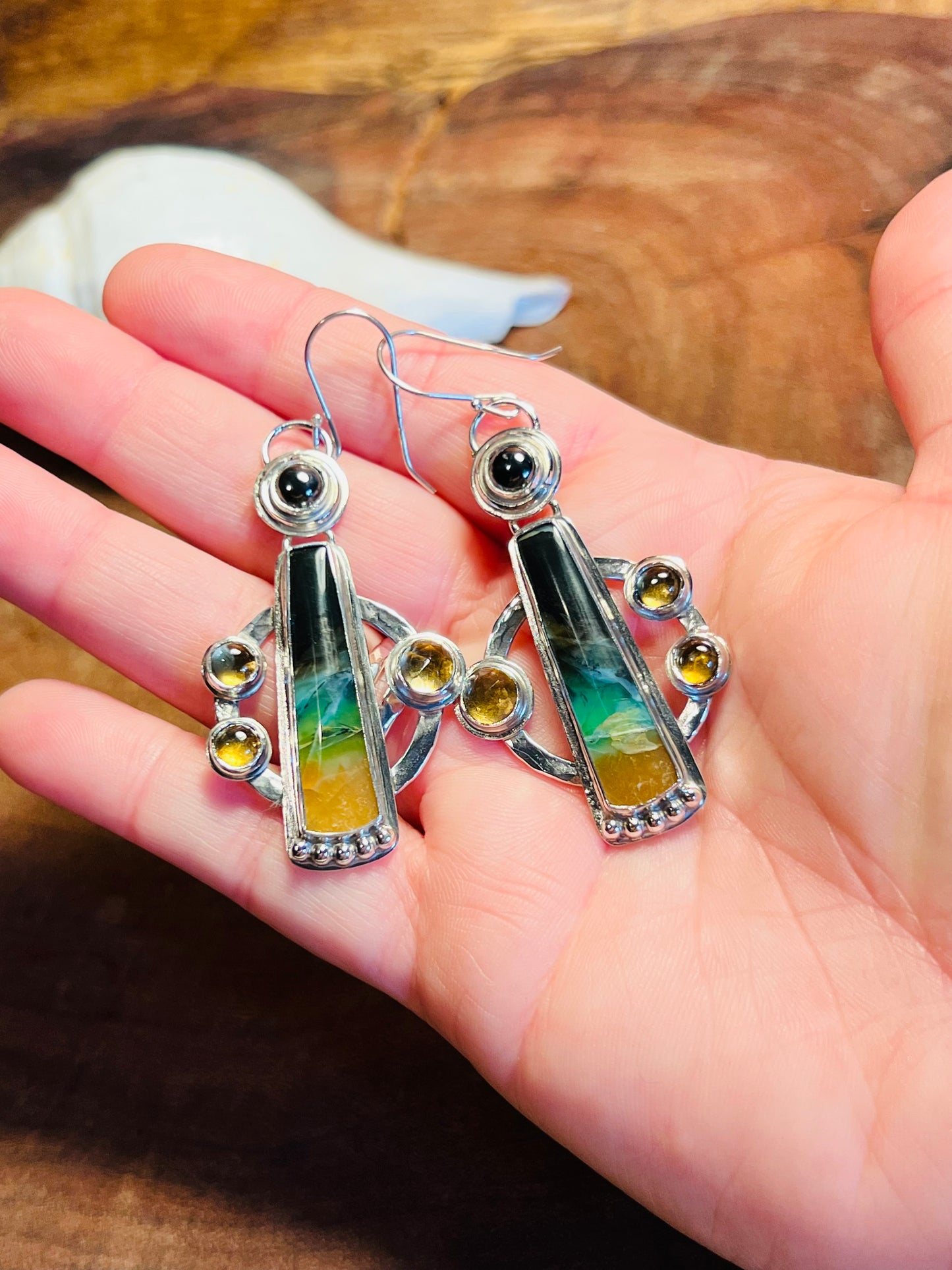 Stained Glass Opalized Wood with Citrine and Hematite Earrings