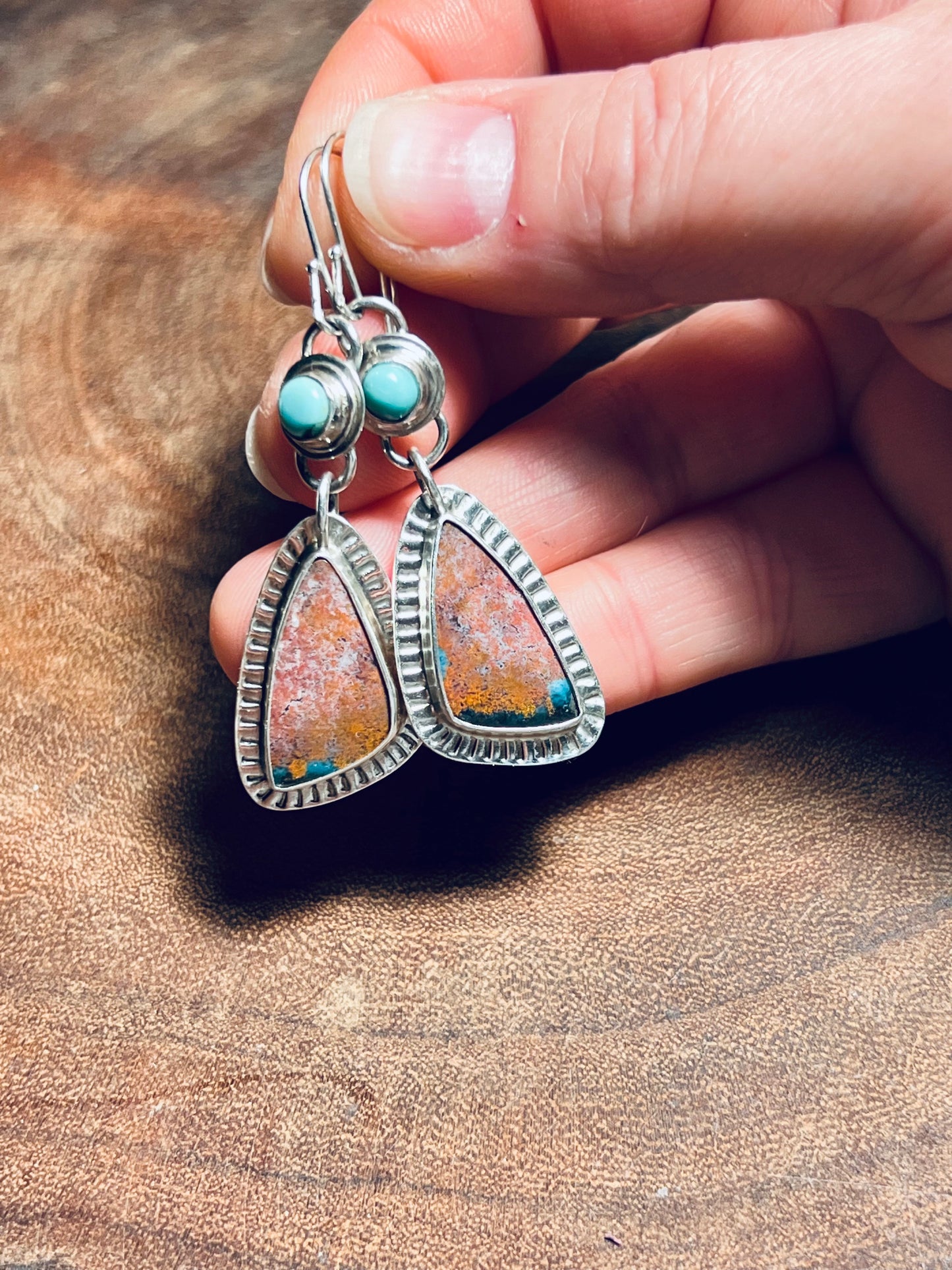 Opalized Wood and Turquoise Sterling Silver Dangle Earrings