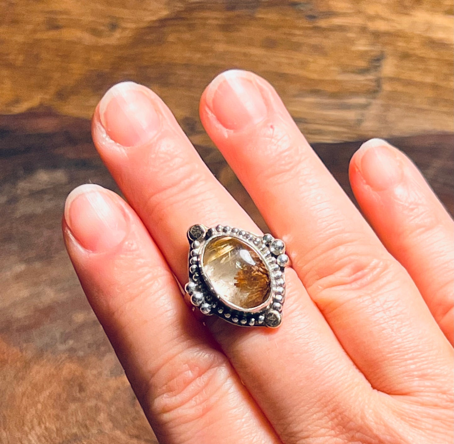 Rutilated Quartz with 14k Gold Accents Sterling Silver Statement Ring