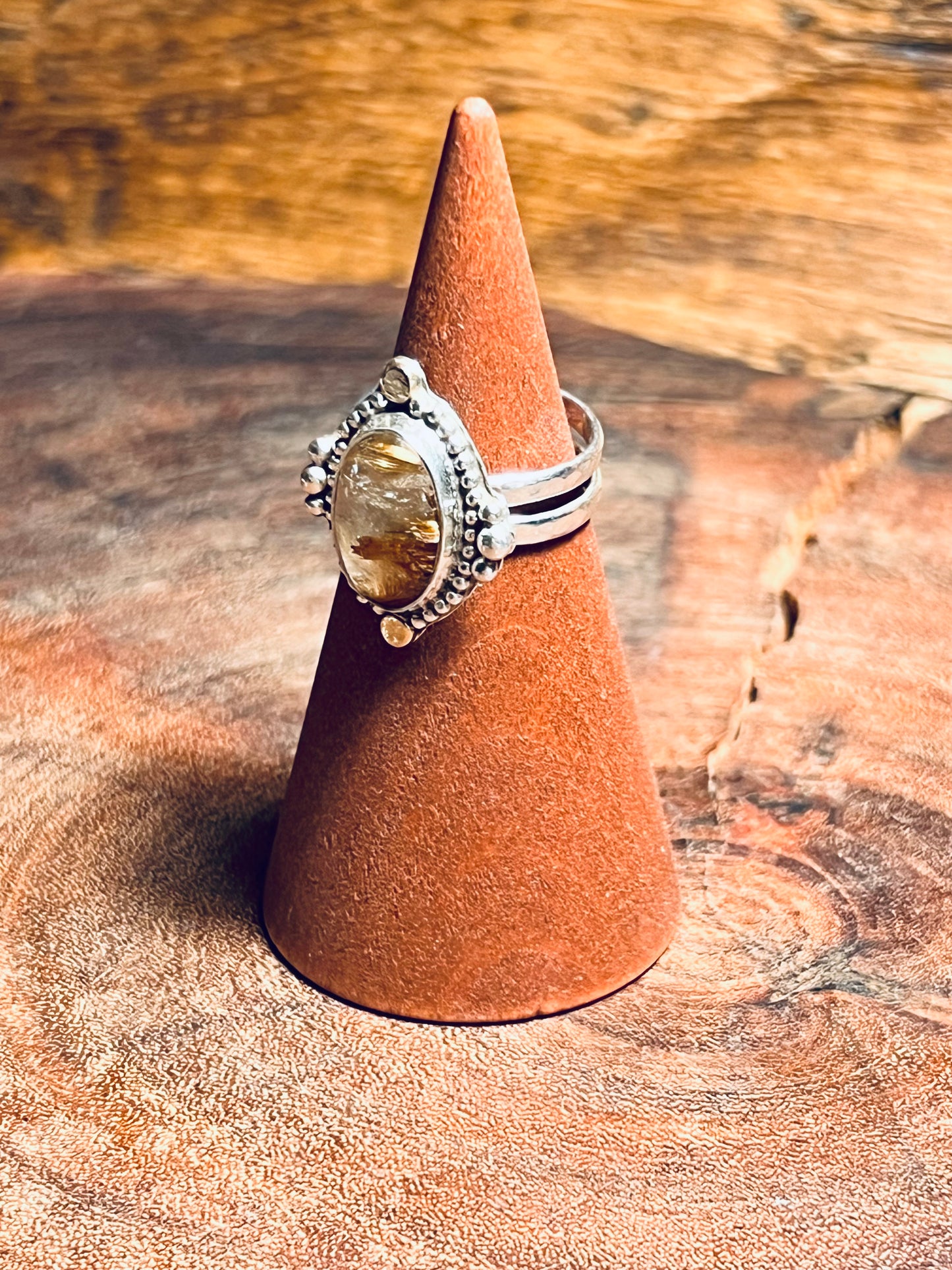 Rutilated Quartz with 14k Gold Accents Sterling Silver Statement Ring