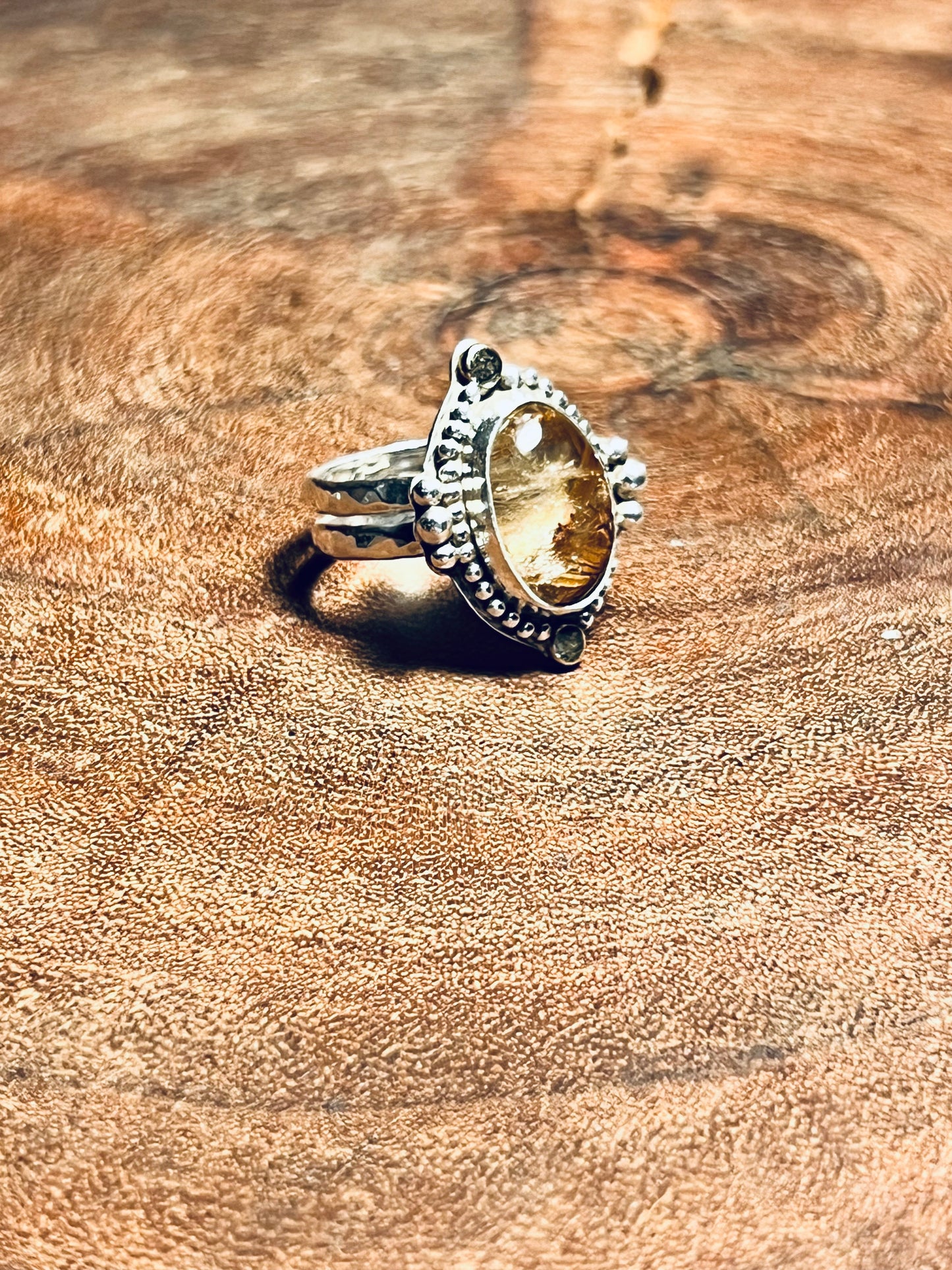 Rutilated Quartz with 14k Gold Accents Sterling Silver Statement Ring