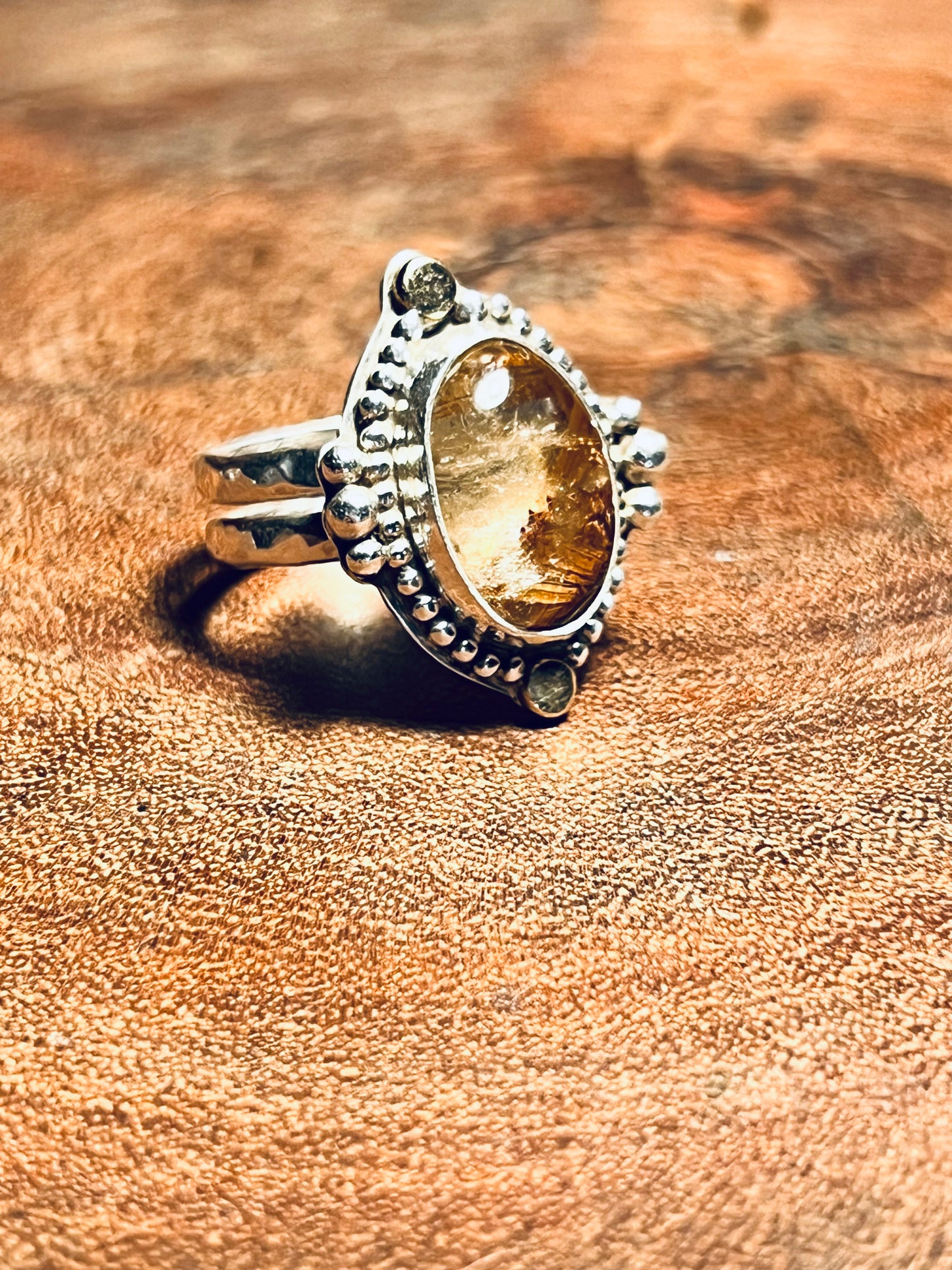 Rutilated Quartz with 14k Gold Accents Sterling Silver Statement Ring