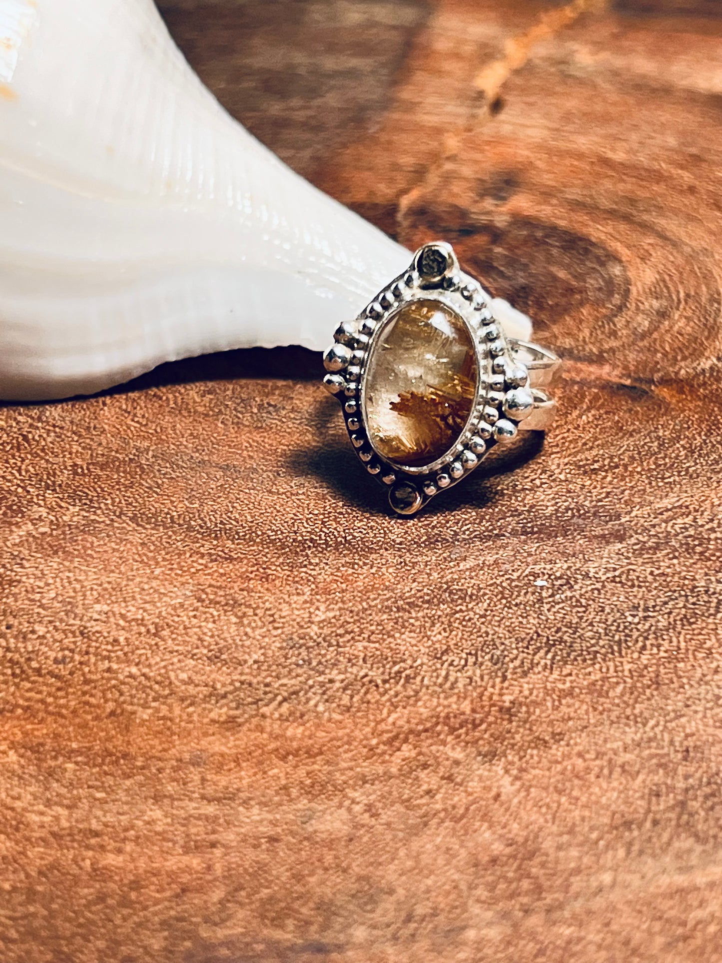 Rutilated Quartz with 14k Gold Accents Sterling Silver Statement Ring