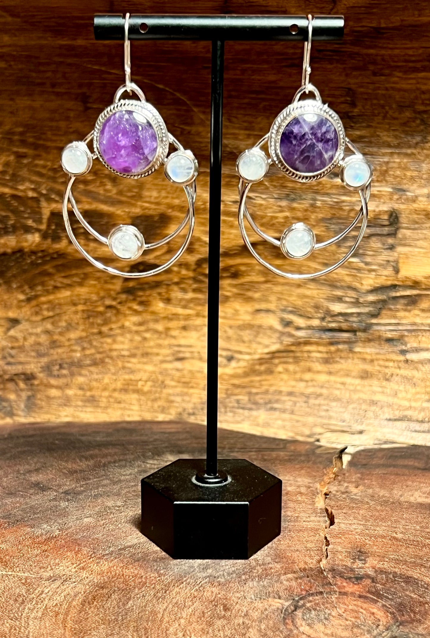Amethyst and Rainbow Moonstone Double Hoop Earrings