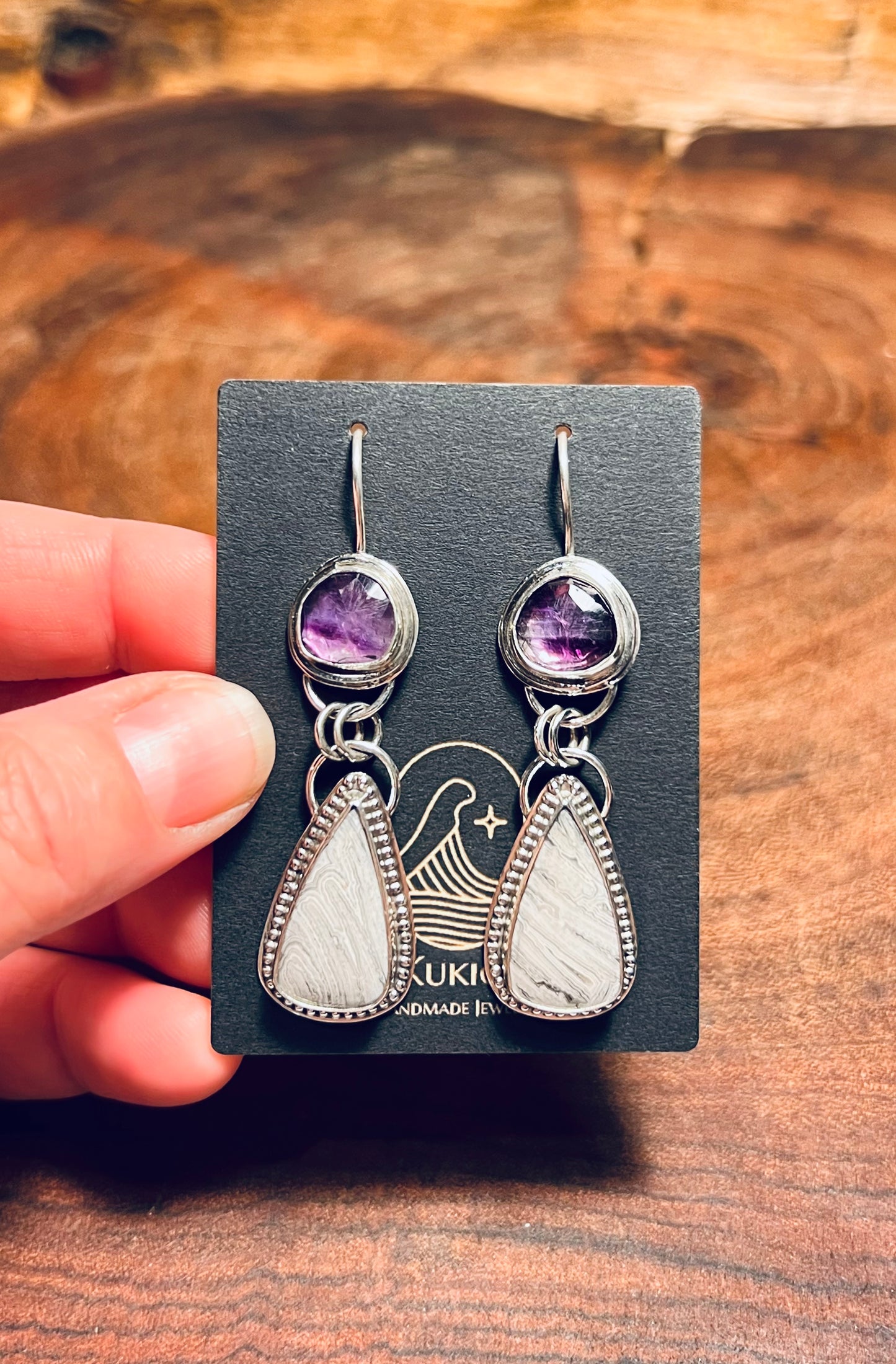 Lattice Lace Agate and Amethyst Sterling Silver Dangle Earrings