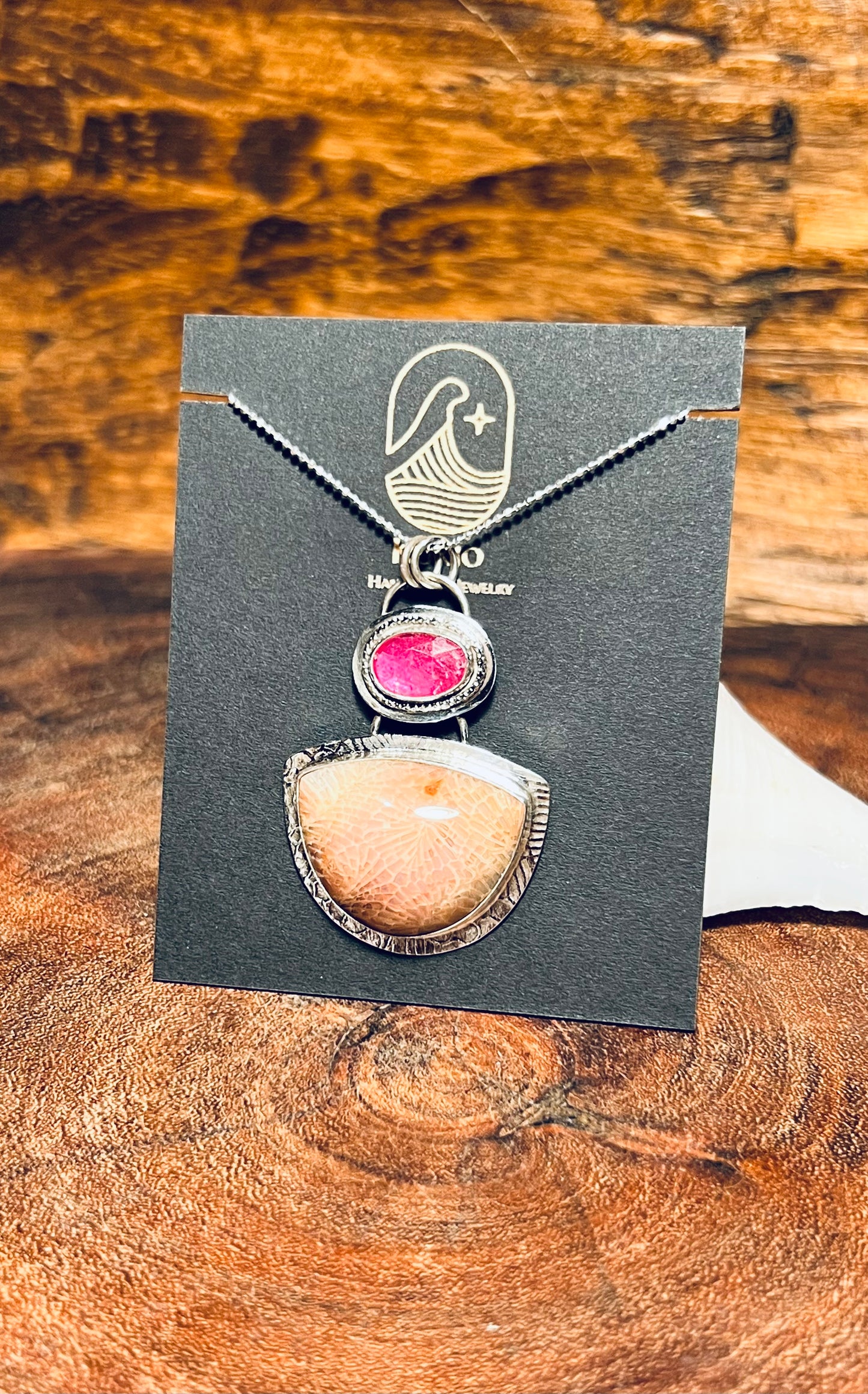 Fossilized Coral and Pink Sapphire Pendant