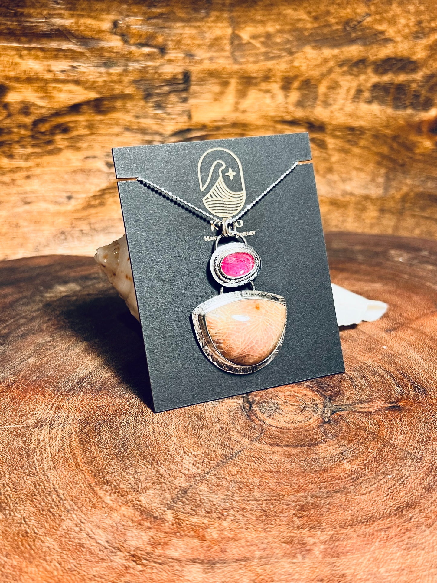 Fossilized Coral and Pink Sapphire Pendant