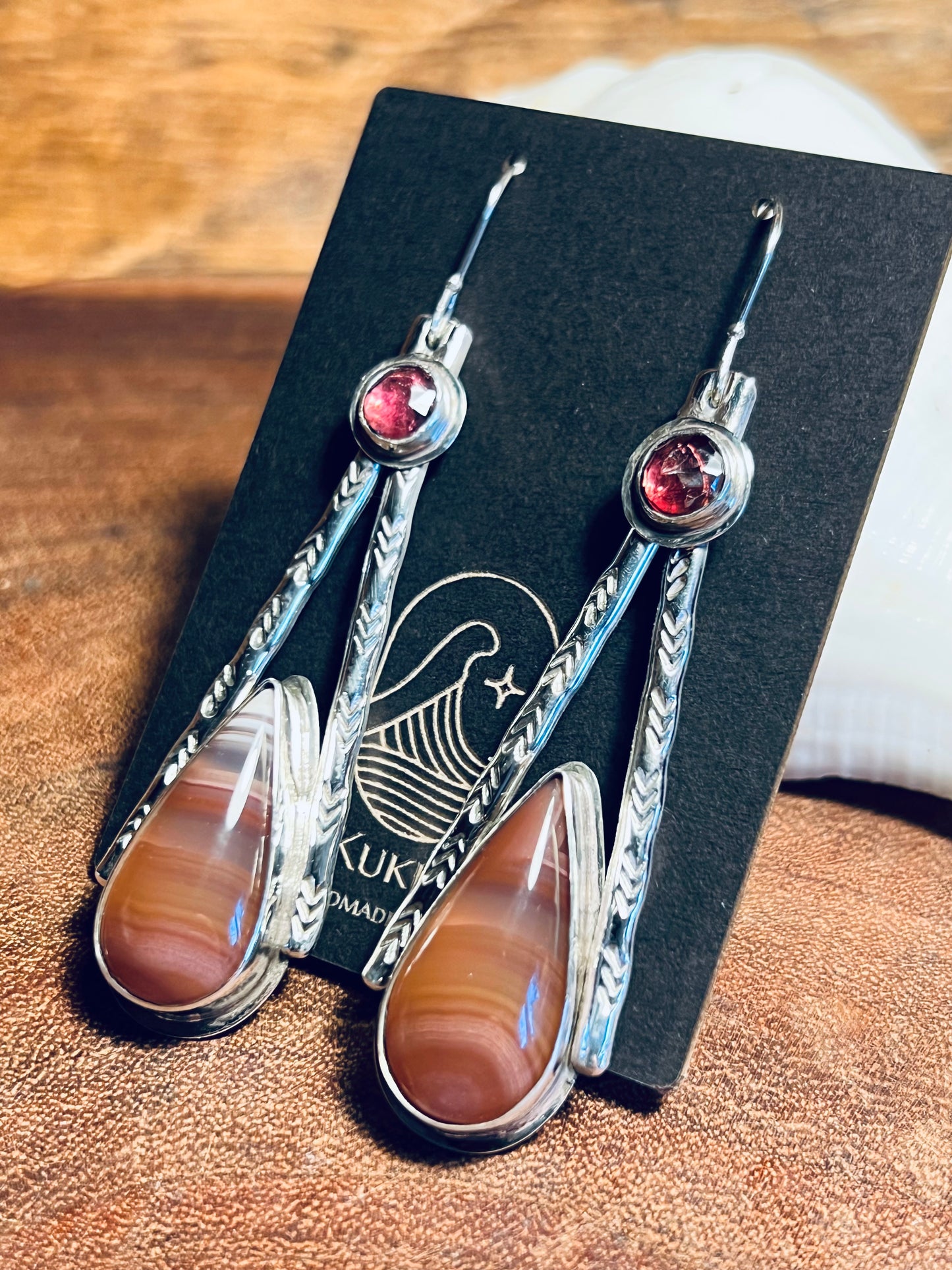 Janos Agate and Rhodolite Sterling Silver Patterned Dangle Earrings