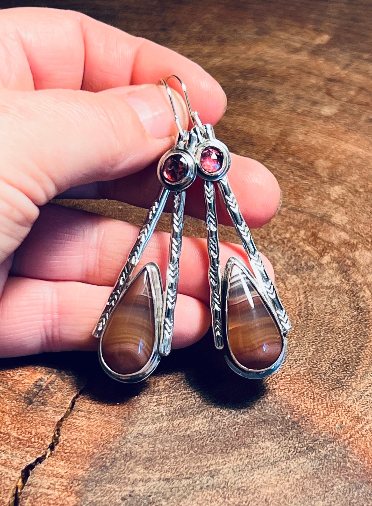 Janos Agate and Rhodolite Sterling Silver Patterned Dangle Earrings