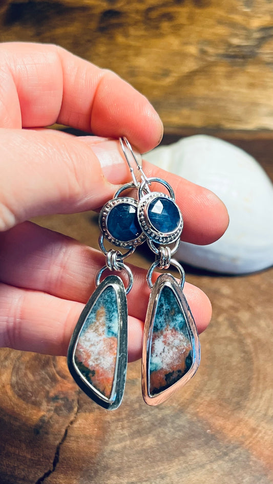 Blue Sapphire and Opalized Wood Sterling Silver Dangle Earrings