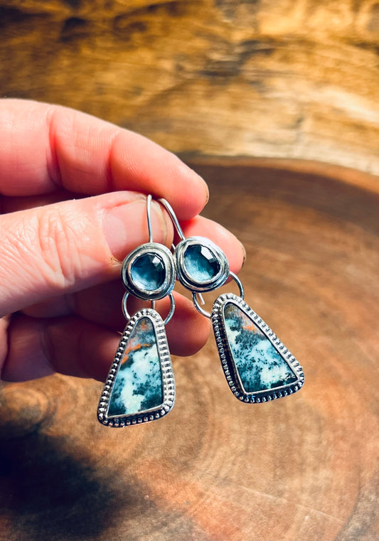 Blue Opalized Wood and London Blue Topaz Sterling Silver Earrings