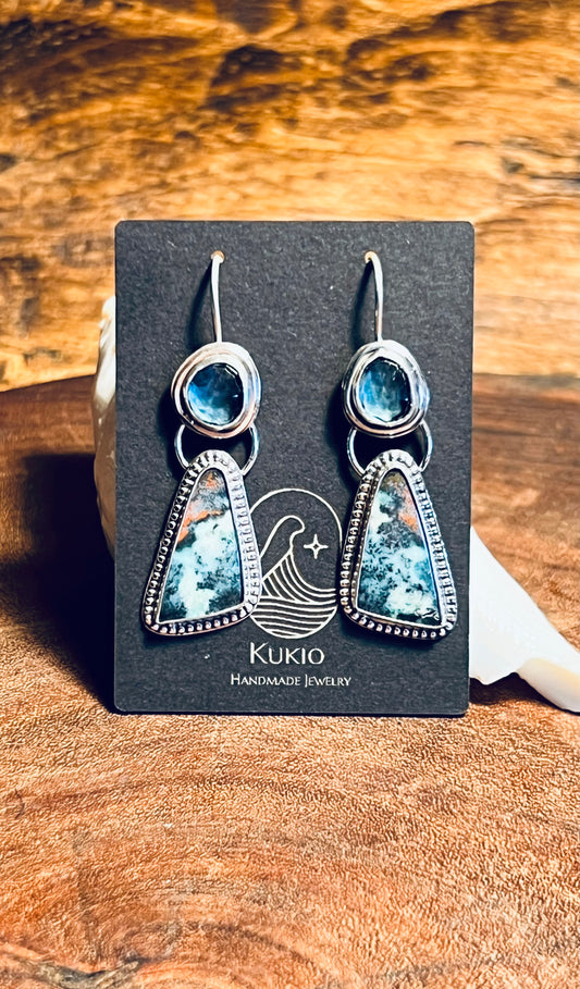 Blue Opalized Wood and London Blue Topaz Sterling Silver Earrings