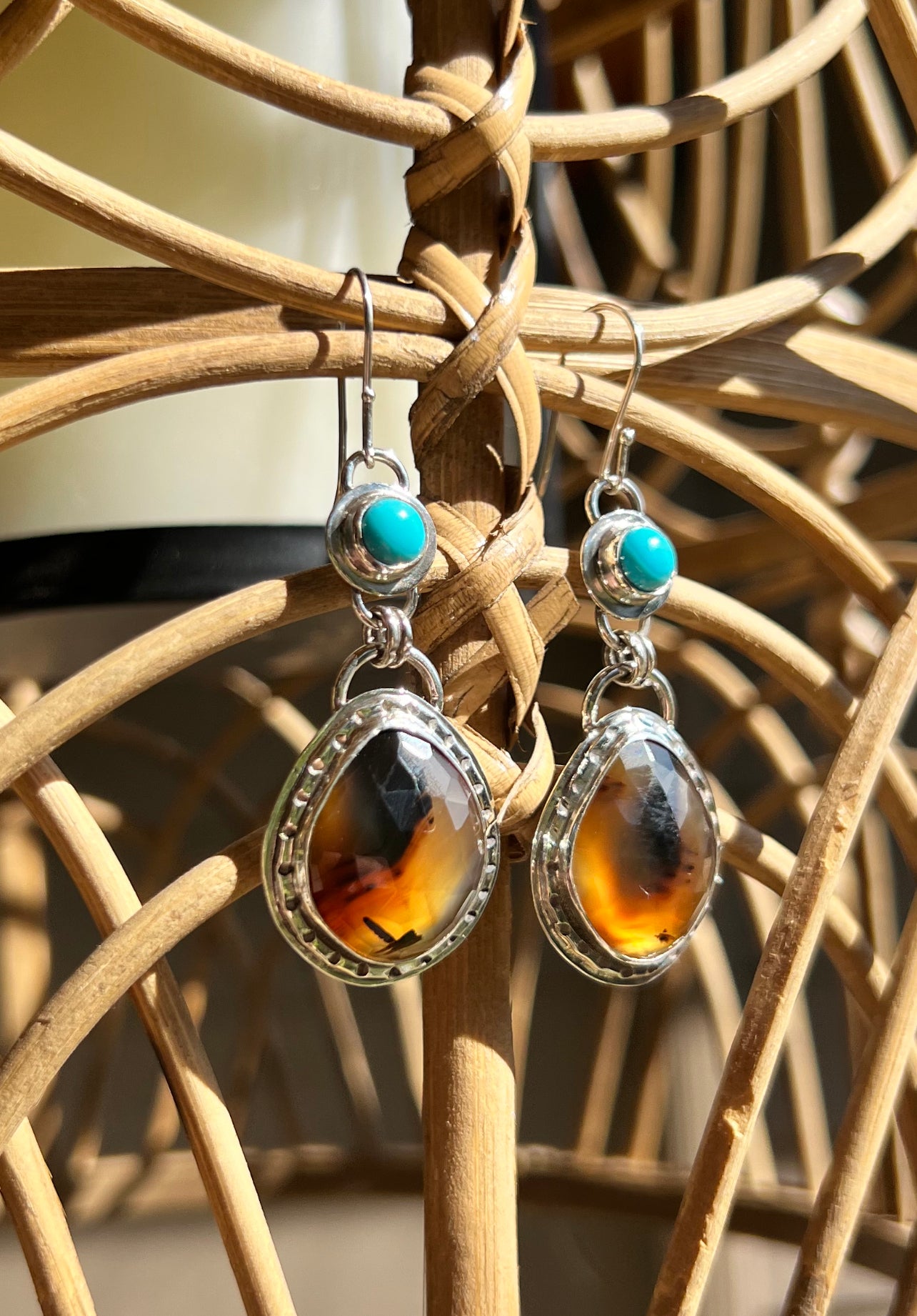 Montana Agate and Turquoise Sterling Silver Dangle Earrings