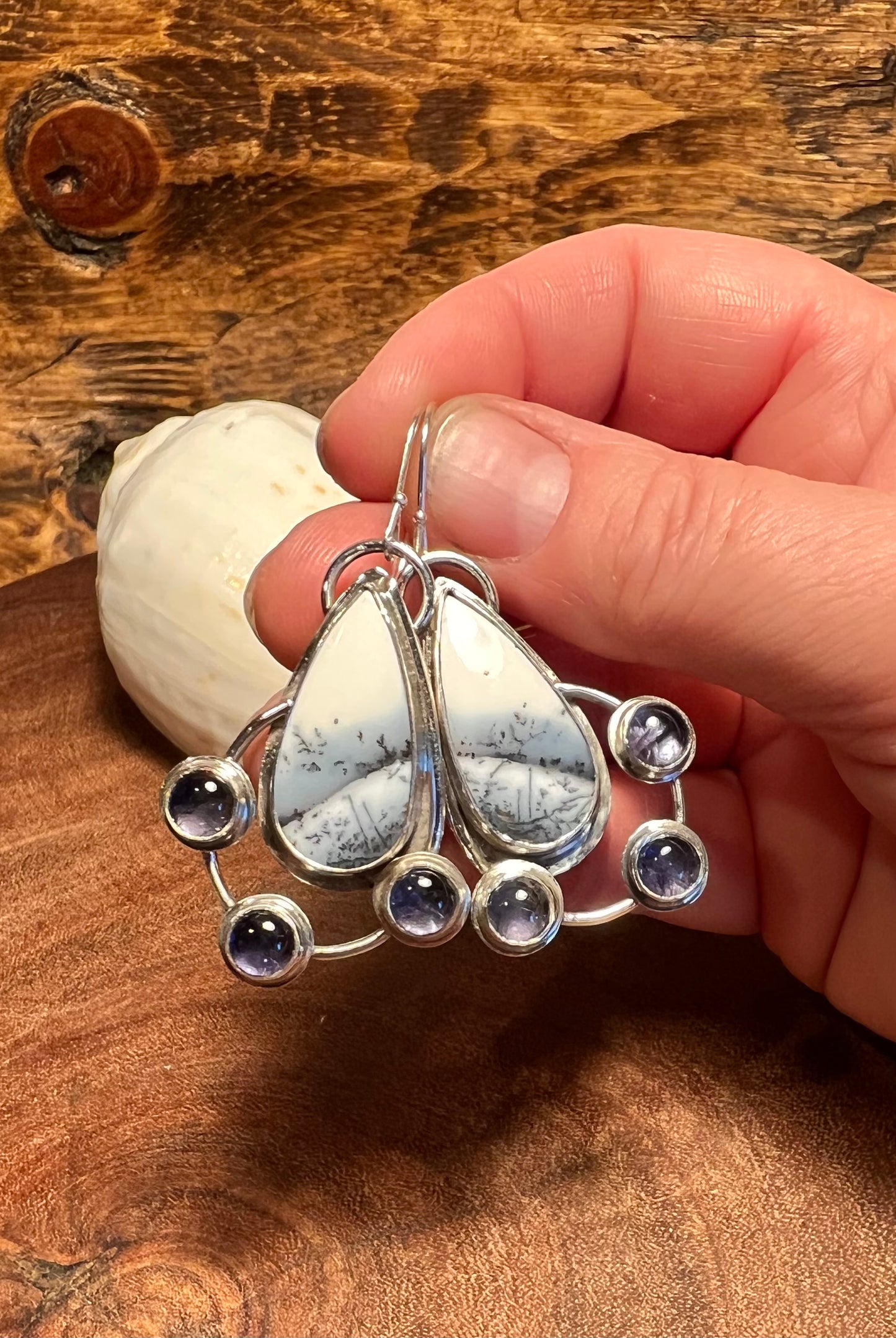 Sterling Silver Dangle Earrings with Dendrite and Iolite