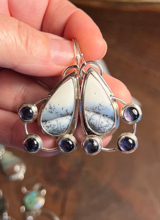 Sterling Silver Dangle Earrings with Dendrite and Iolite