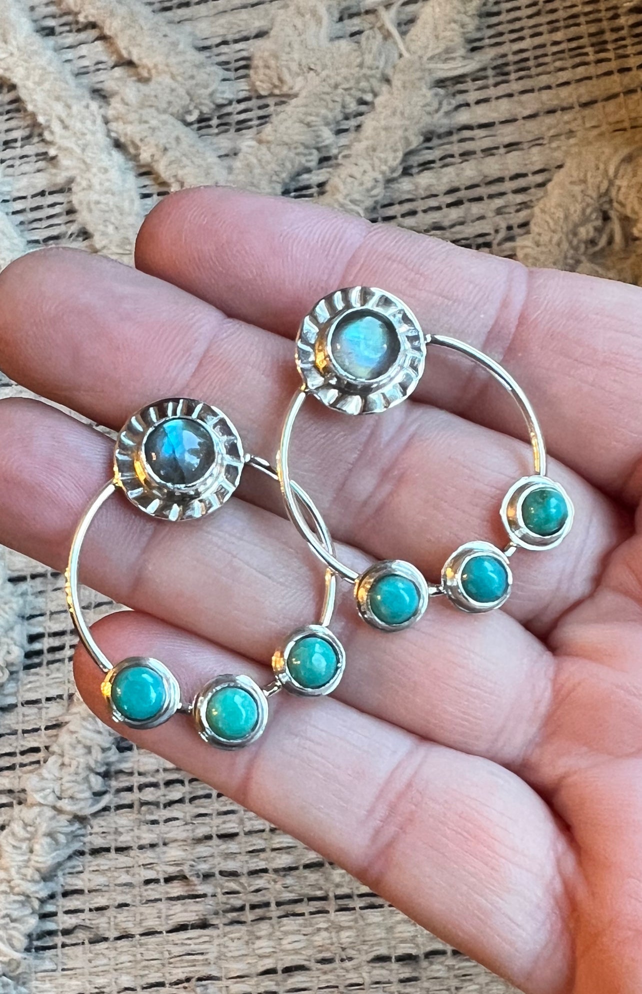 Labradorite and Turquoise Sterling Silver Stud Hoop Earrings