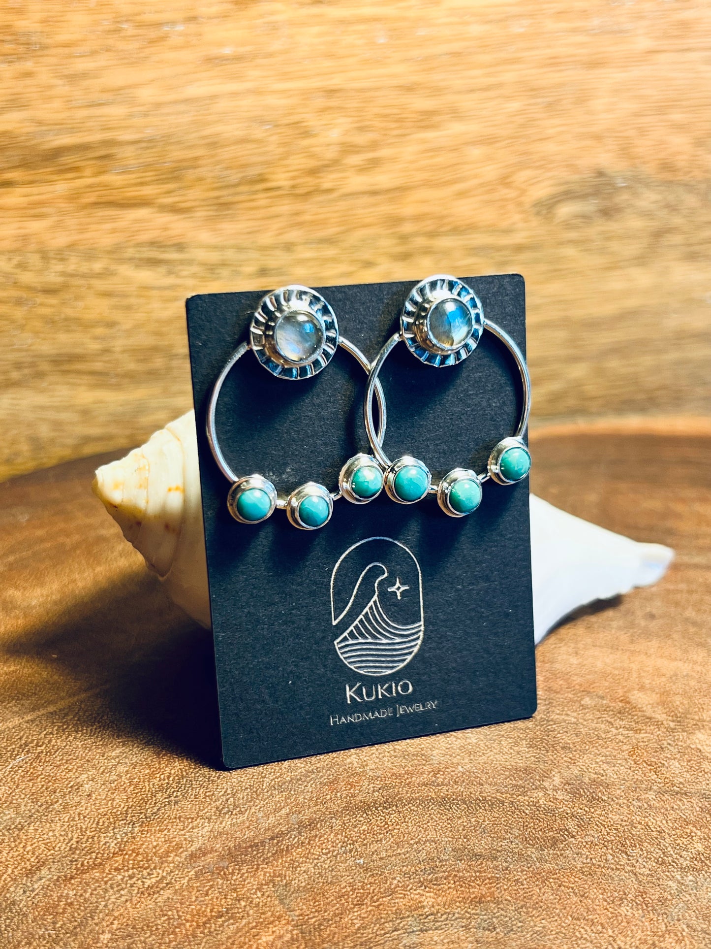 Labradorite and Turquoise Sterling Silver Stud Hoop Earrings
