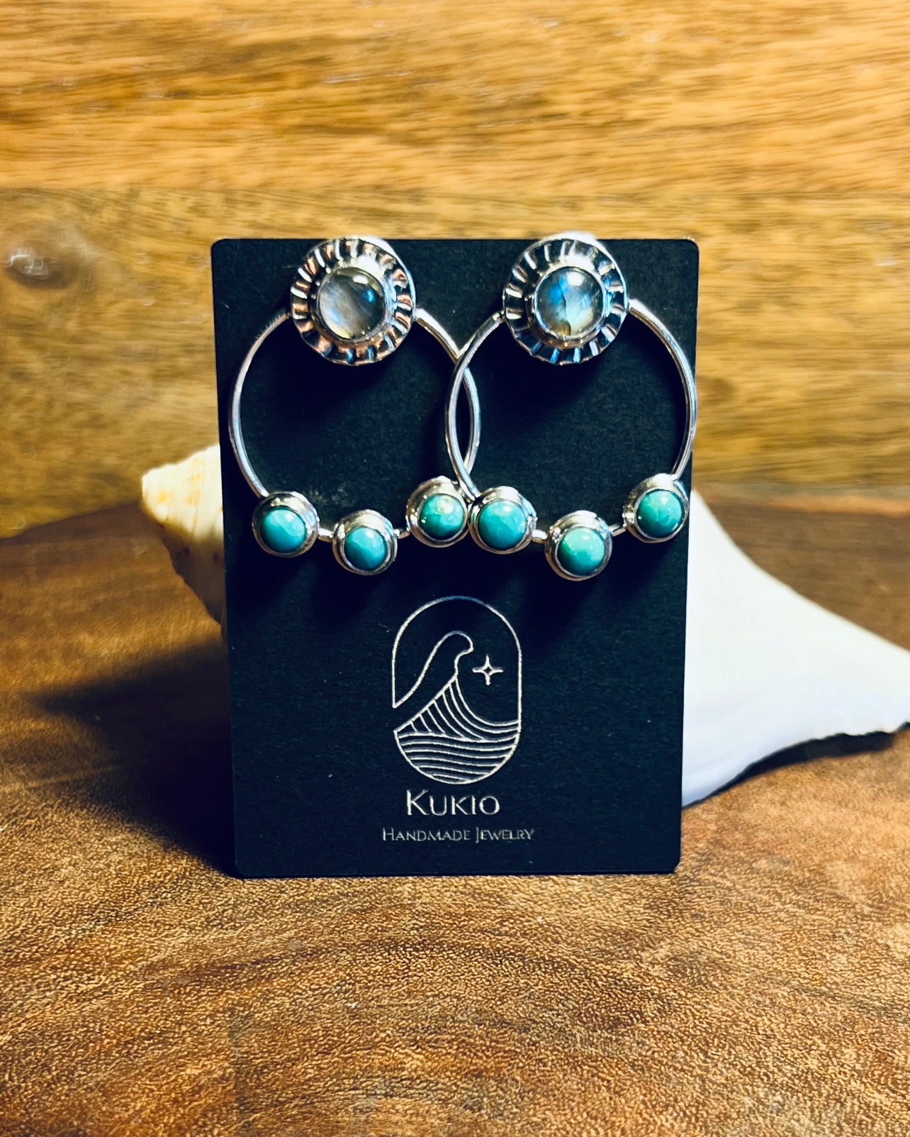 Labradorite and Turquoise Sterling Silver Stud Hoop Earrings