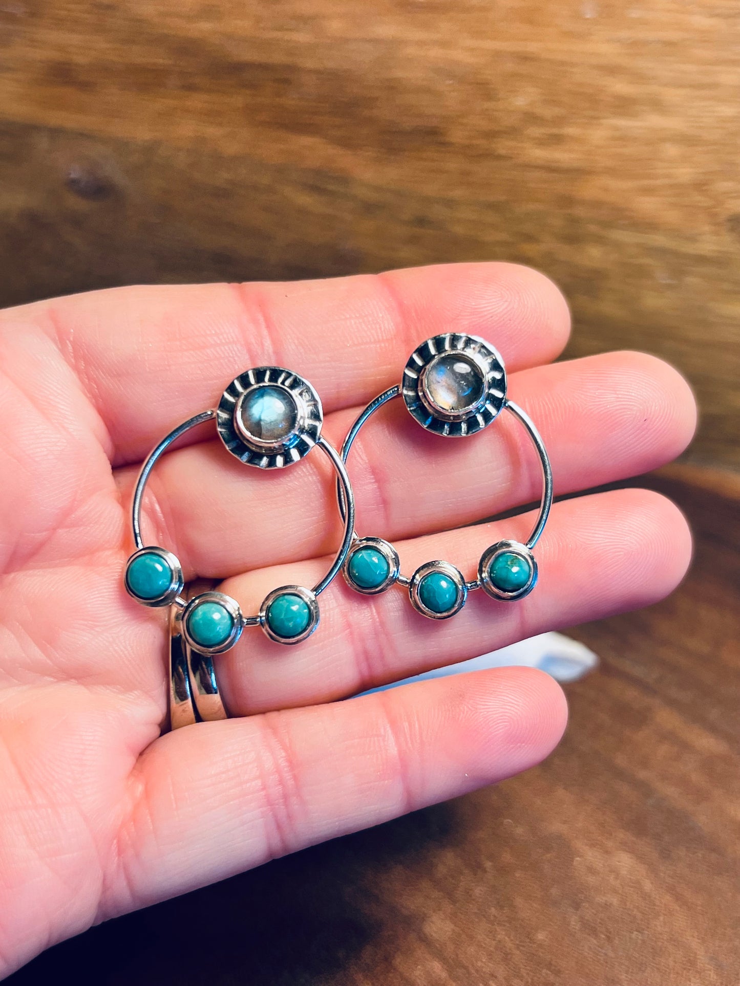 Labradorite and Turquoise Sterling Silver Stud Hoop Earrings