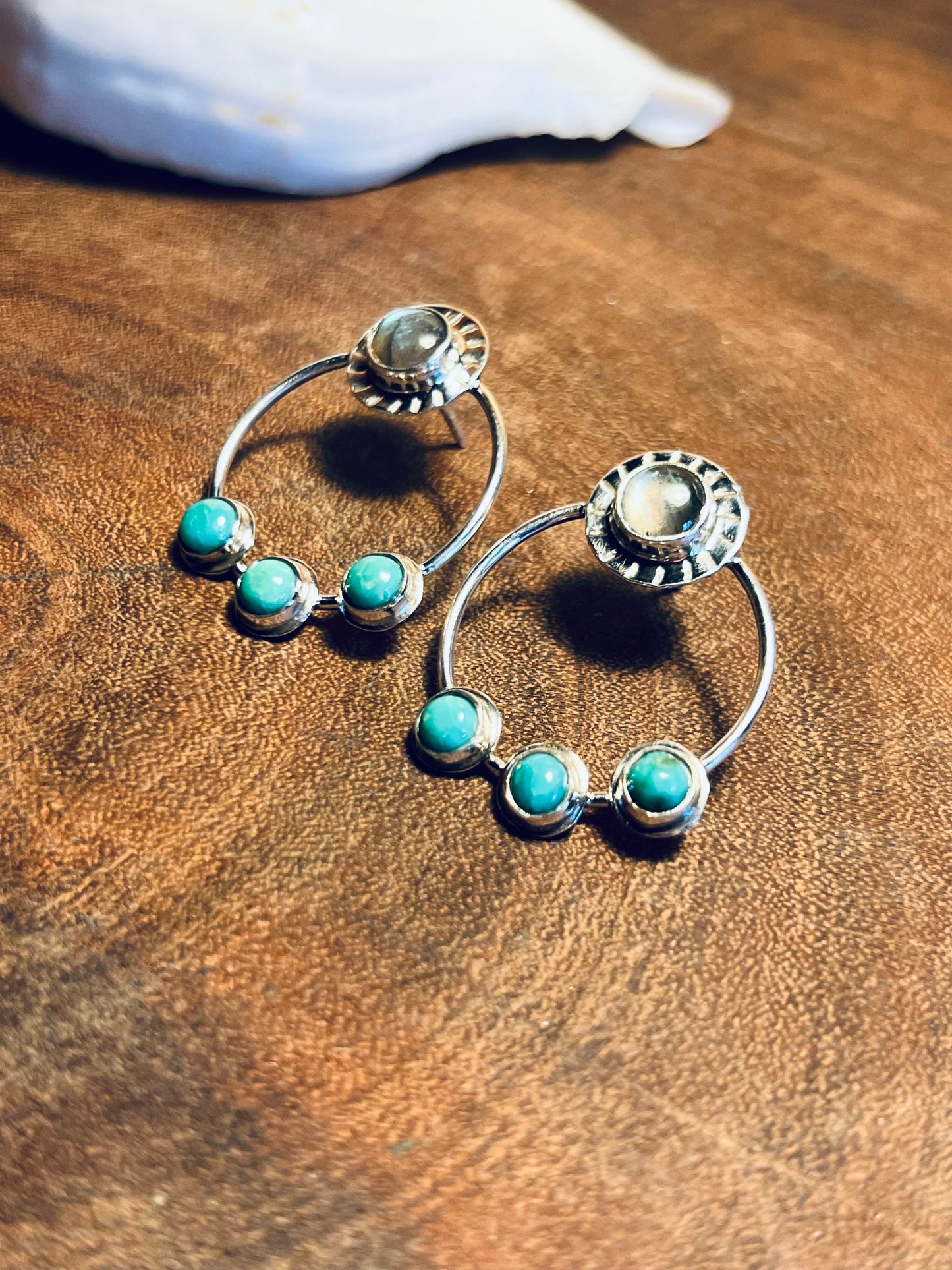 Labradorite and Turquoise Sterling Silver Stud Hoop Earrings