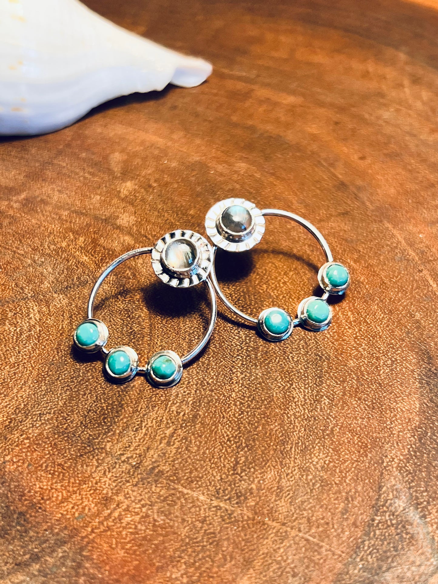 Labradorite and Turquoise Sterling Silver Stud Hoop Earrings