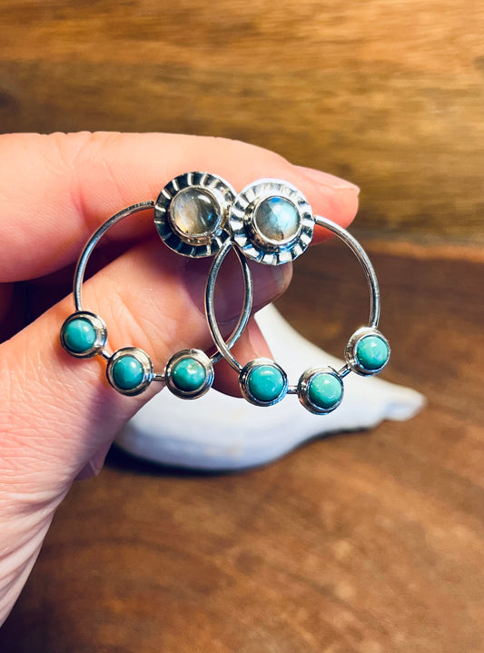 Labradorite and Turquoise Sterling Silver Stud Hoop Earrings