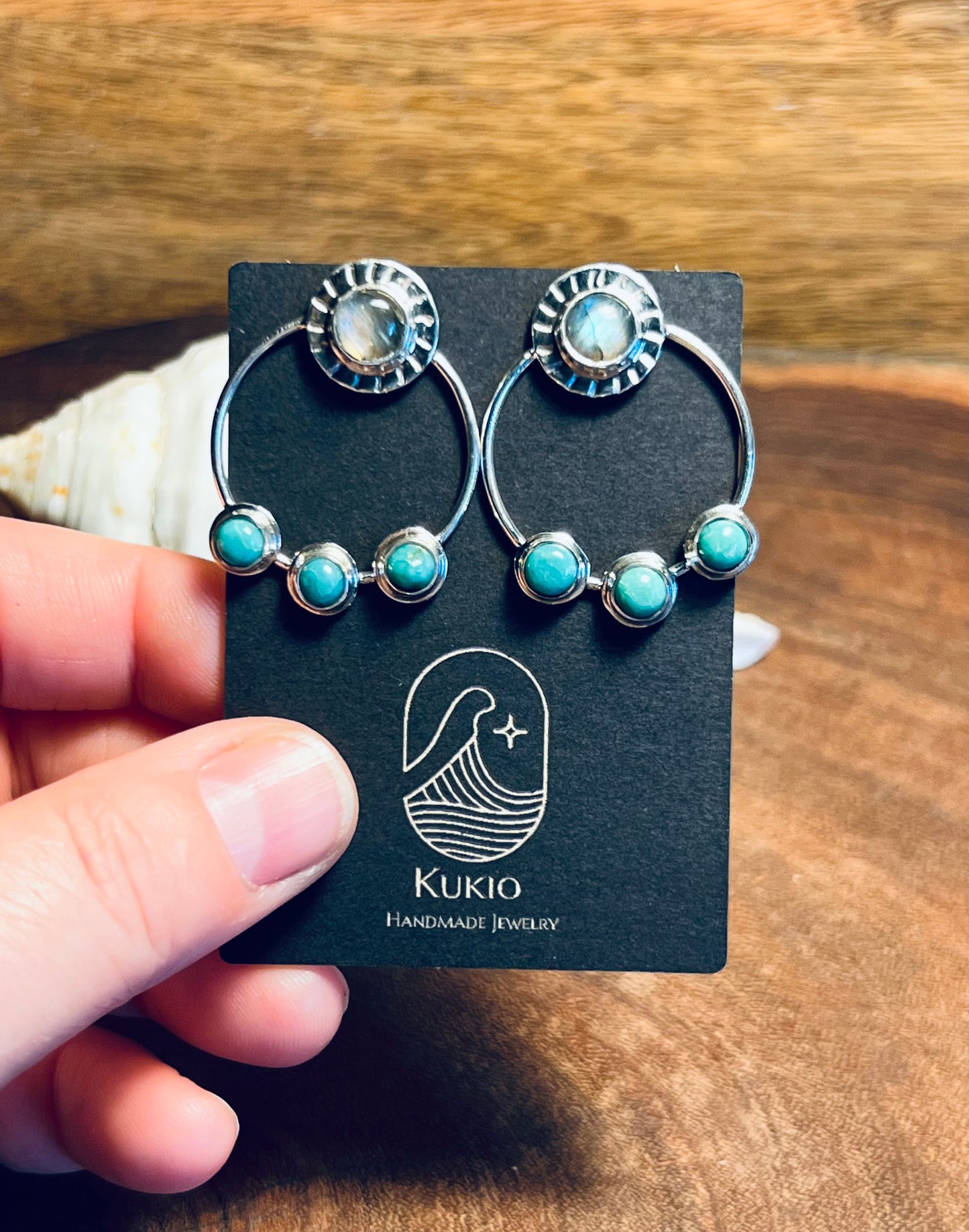 Labradorite and Turquoise Sterling Silver Stud Hoop Earrings