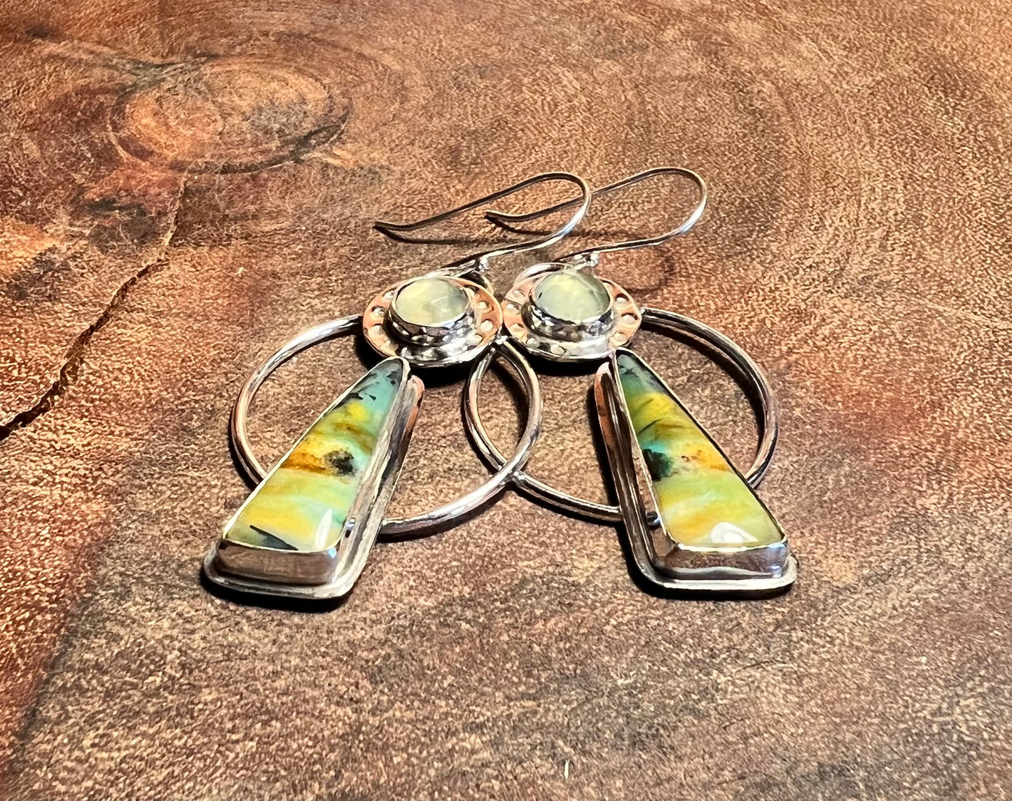 Opalized Wood and Prehnite Sterling Silver Dangle Hoops