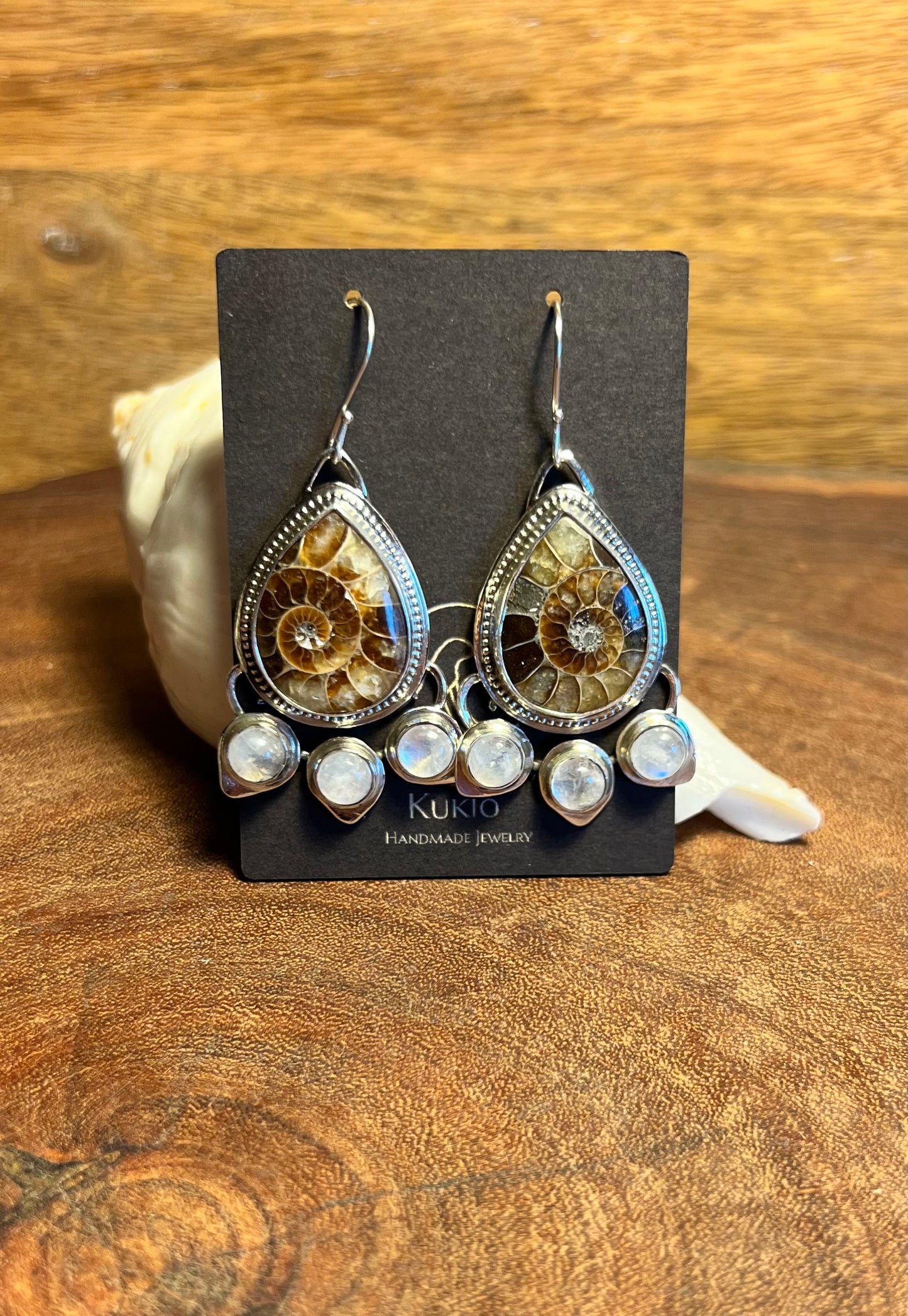 Ammonite and Rainbow Moonstone Sterling Silver Earrings