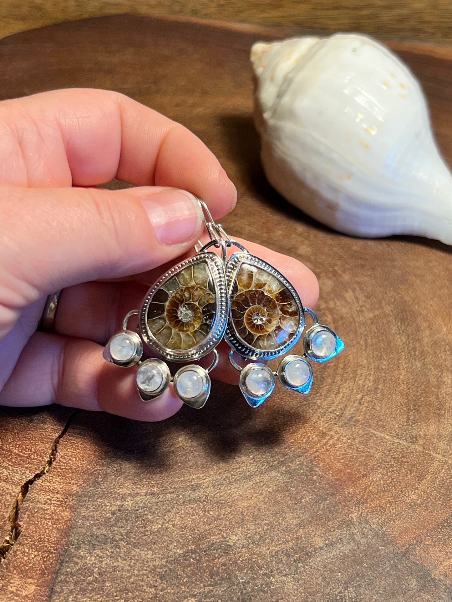 Ammonite and Rainbow Moonstone Sterling Silver Earrings
