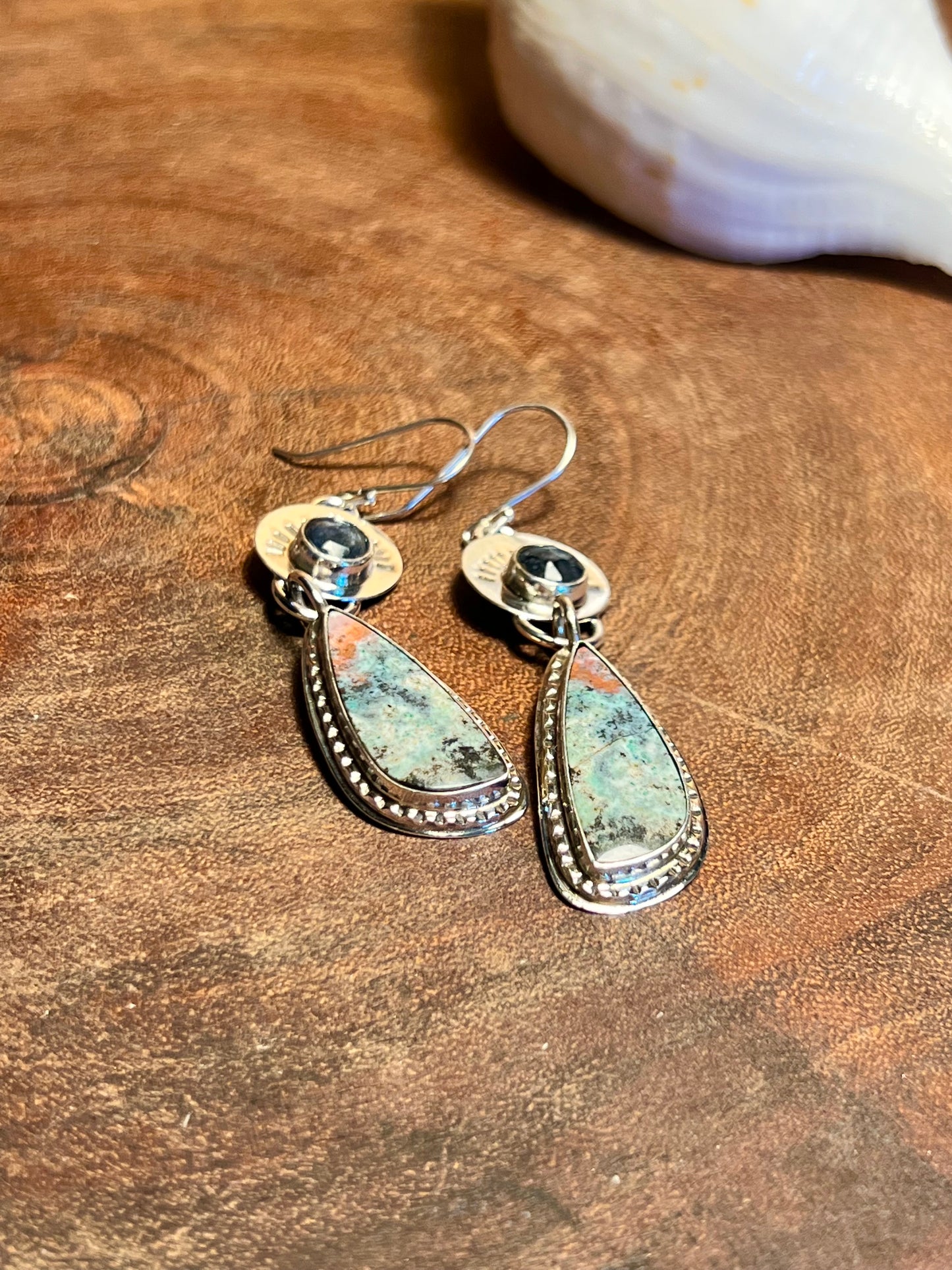 Blue Opalized Wood and Teal Moss Kyanite Sterling Silver Earrings