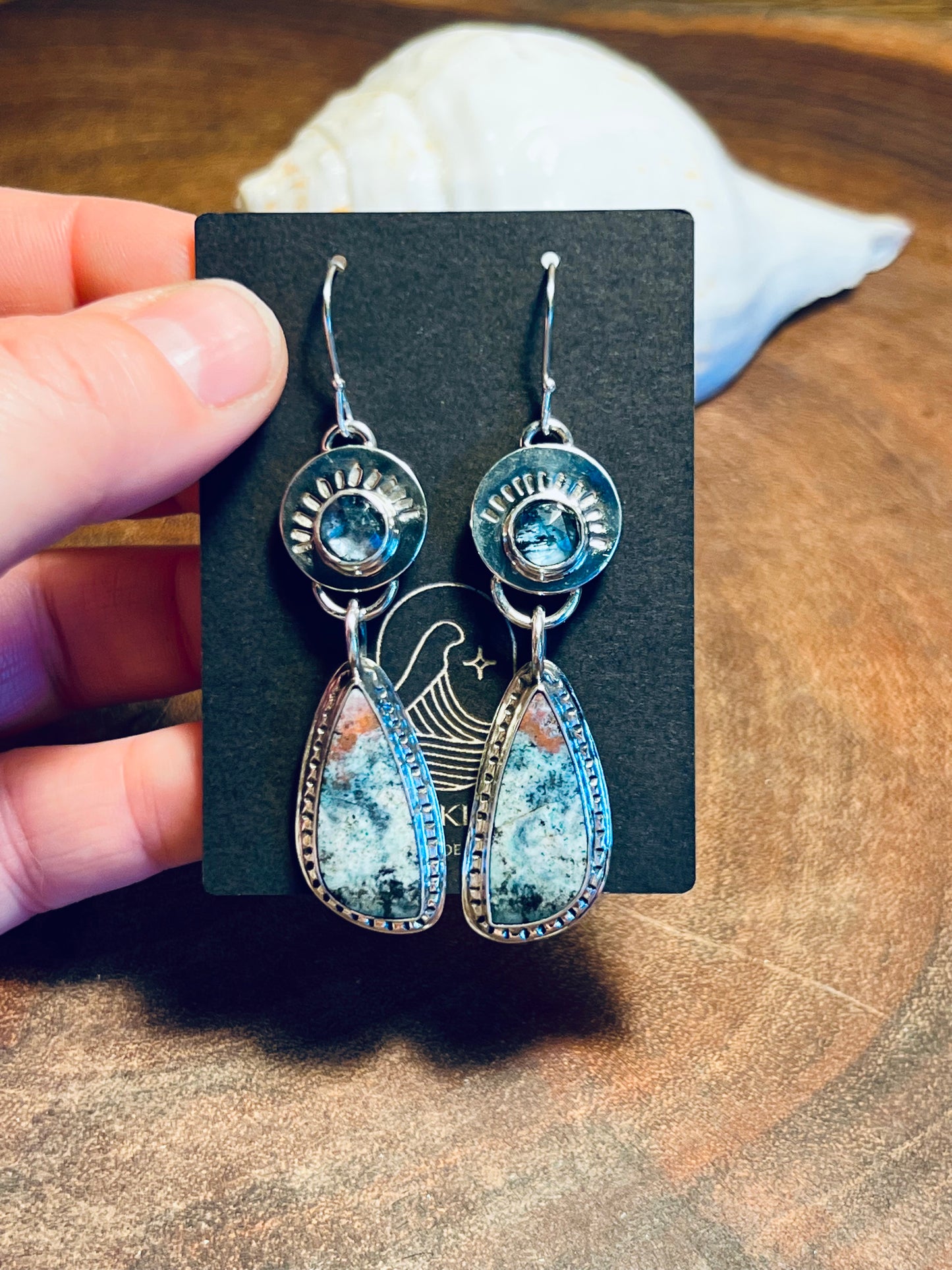 Blue Opalized Wood and Teal Moss Kyanite Sterling Silver Earrings