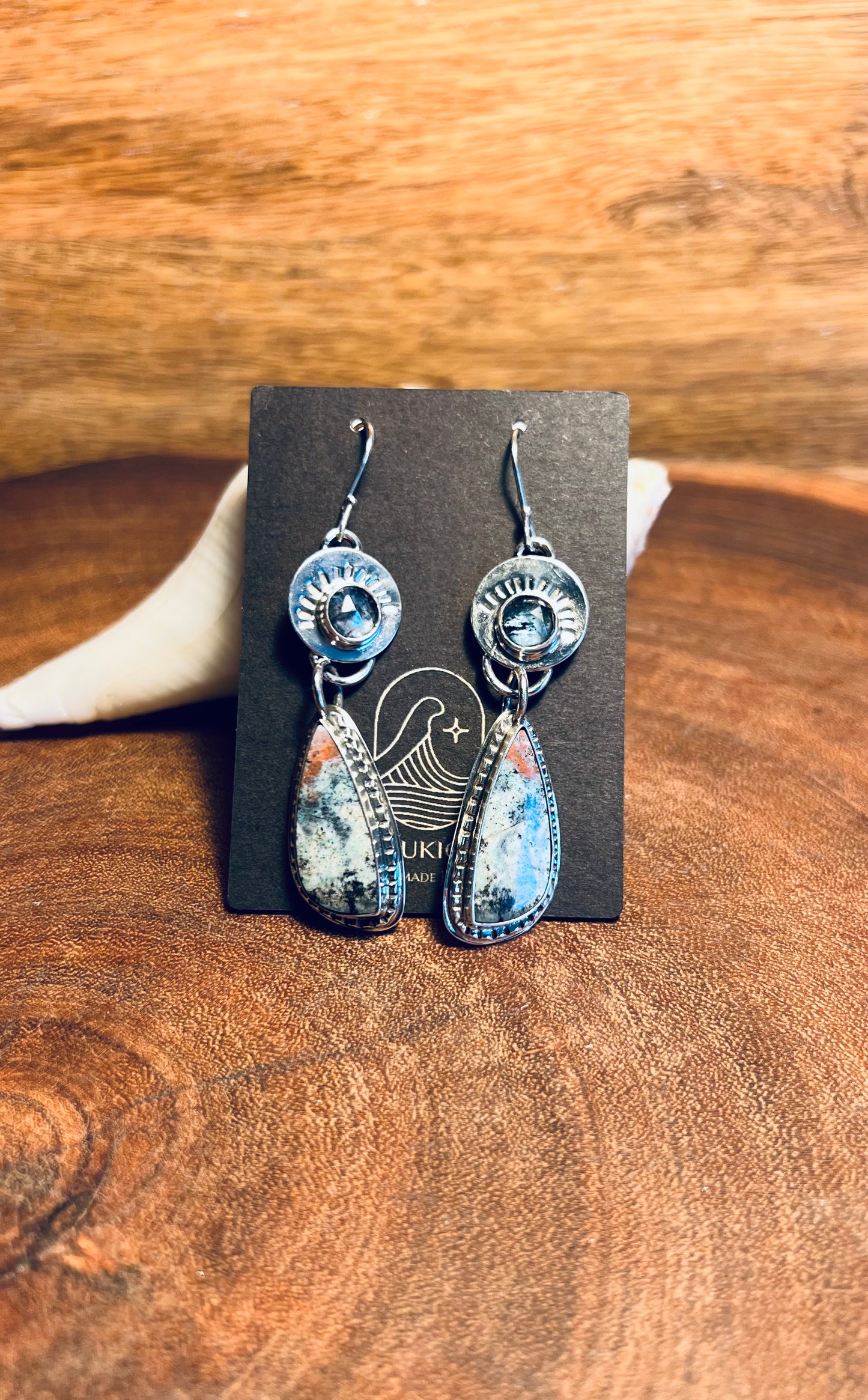 Blue Opalized Wood and Teal Moss Kyanite Sterling Silver Earrings