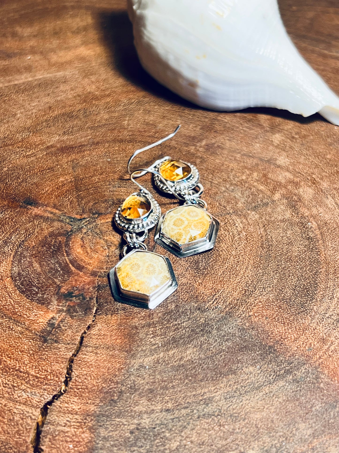 Fossilized Coral and Citrine Sterling Silver Dangle Earrings