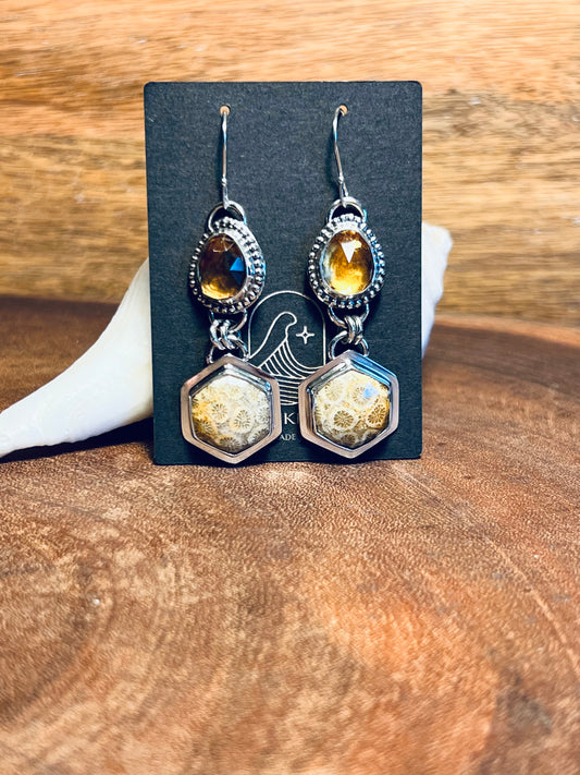 Fossilized Coral and Citrine Sterling Silver Dangle Earrings