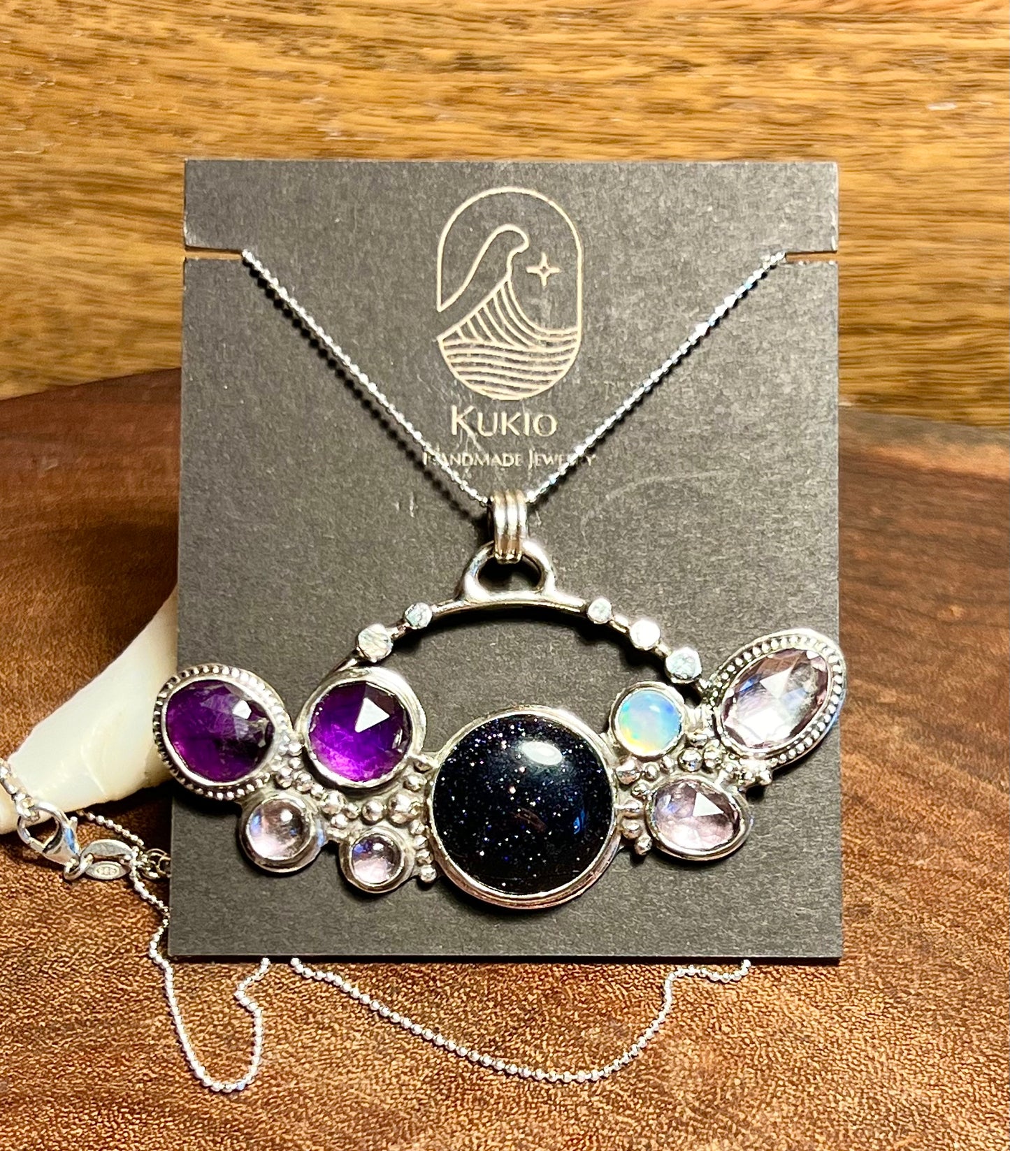 Blue Goldstone, Amethyst and Opal Sterling Silver Necklace