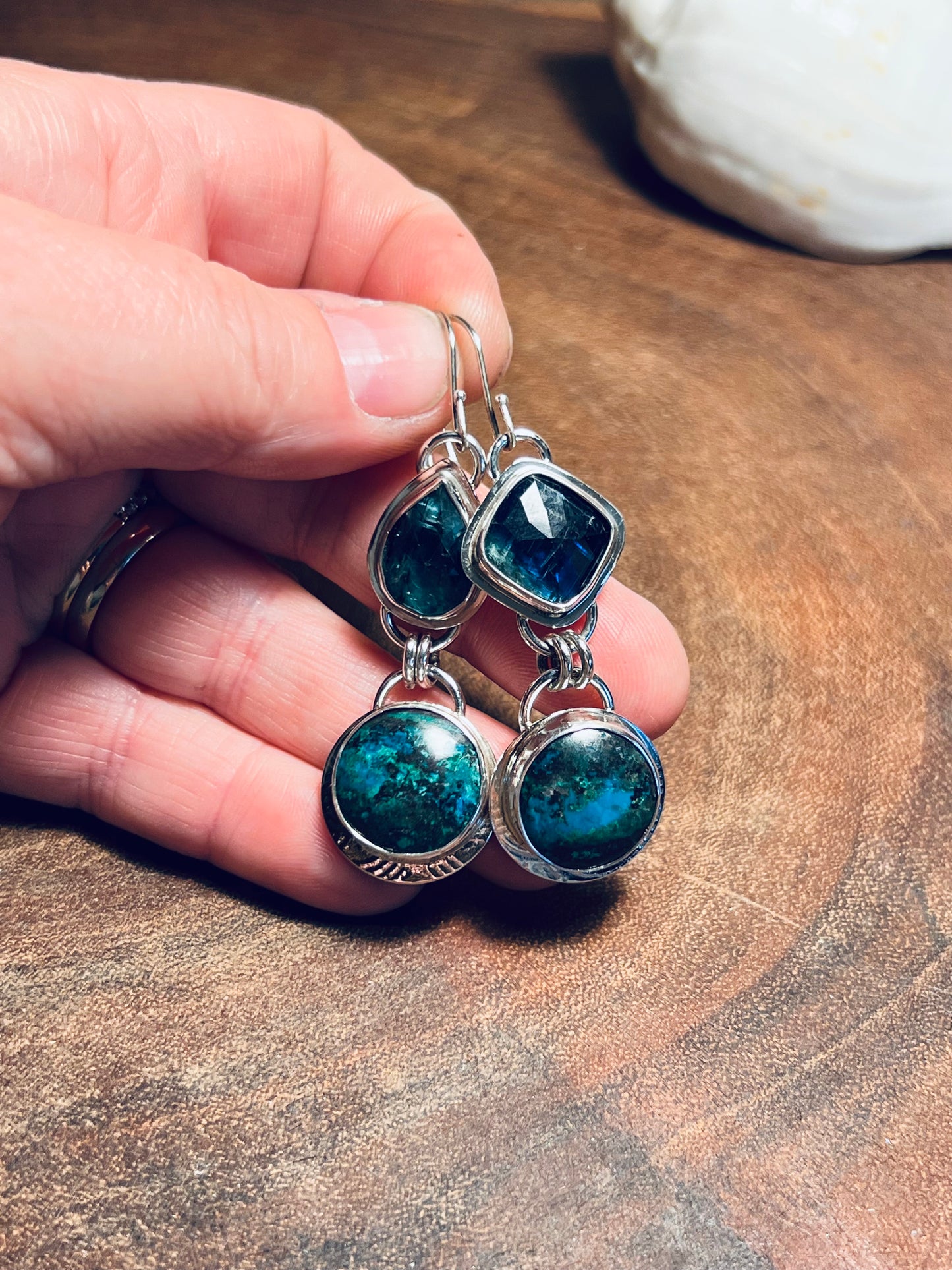 Chrysocolla and Emerald Bio Green Kyanite Sterling Silver Earrings