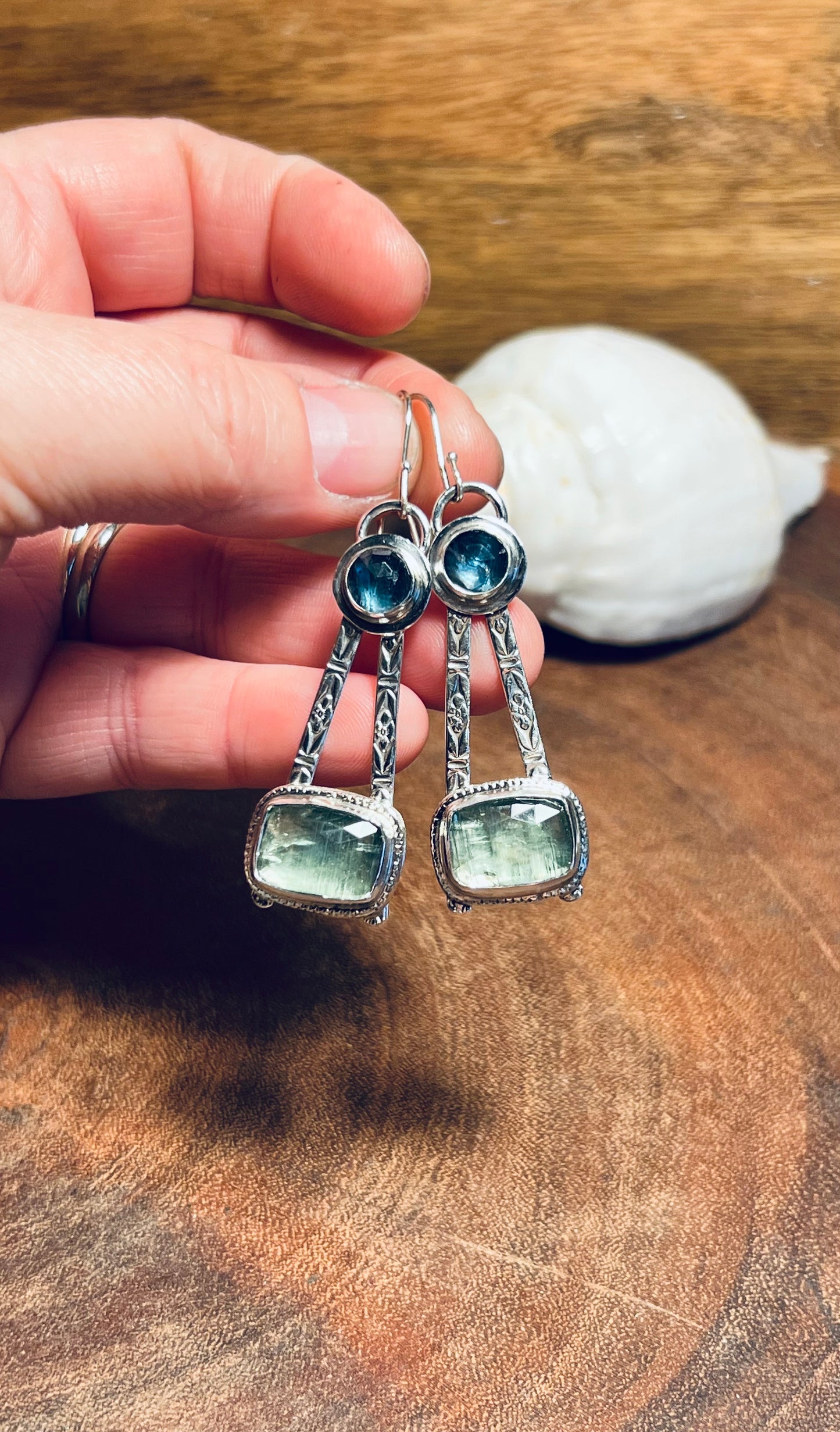 Mint Green Kyanite and Teal Moss Kyanite Sterling Silver Earrings