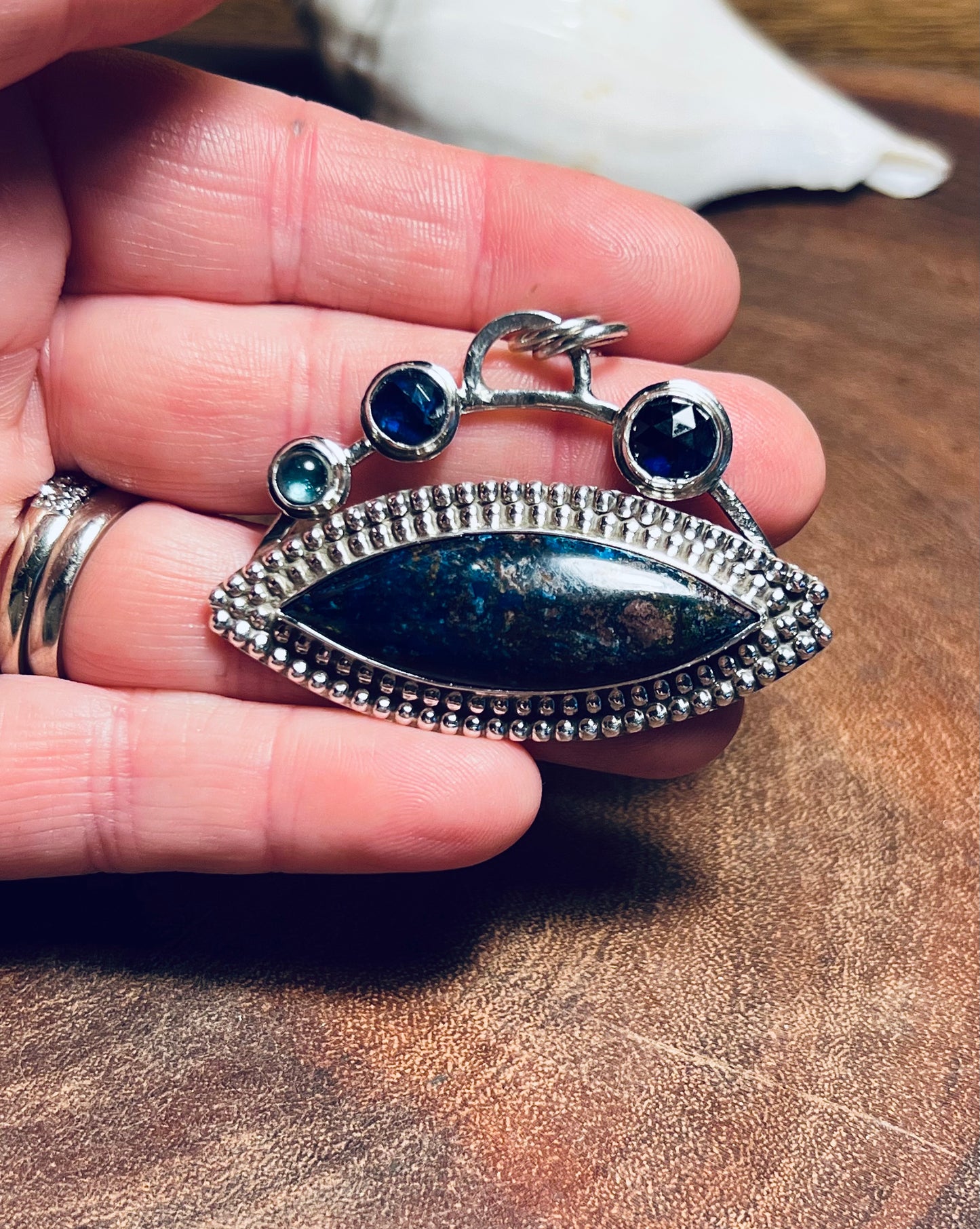 Shattuckite with Blue Kyanite and Neon Apatite Sterling Silver Pendant