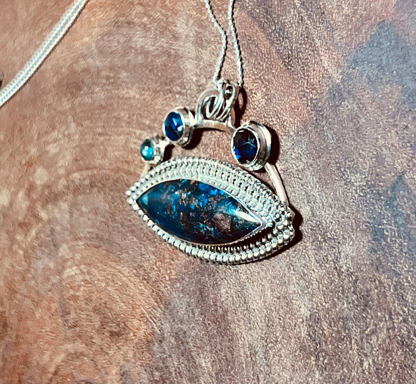 Shattuckite with Blue Kyanite and Neon Apatite Sterling Silver Pendant