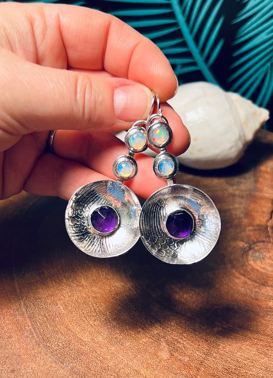 Sterling Silver Amethyst and Opal Pattern Earrings