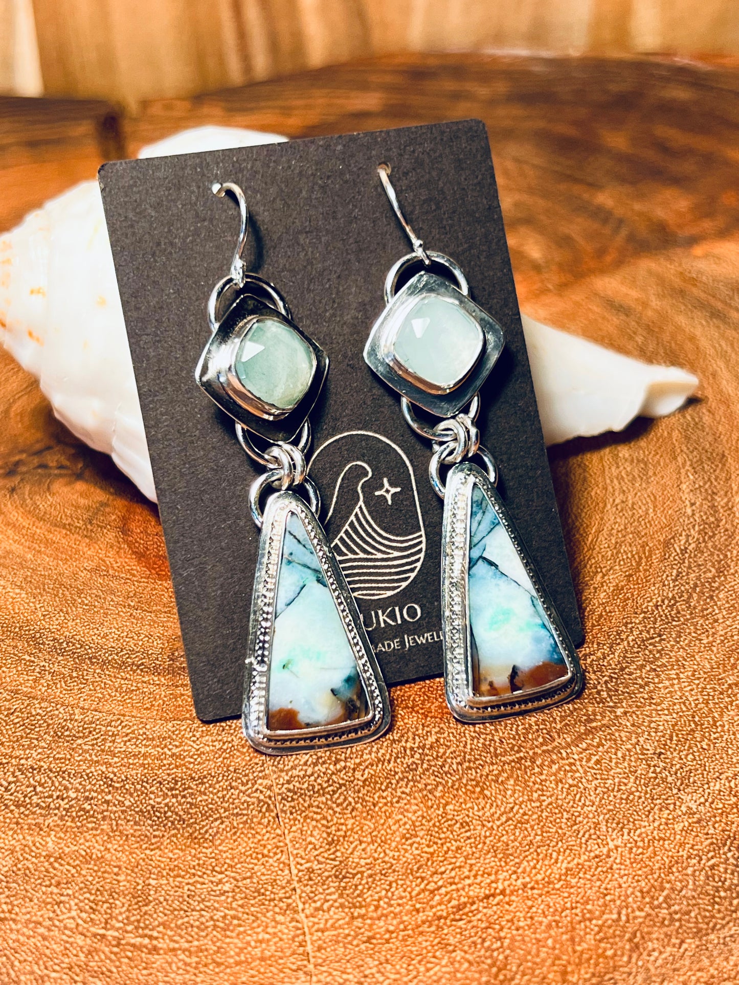 Opalized Wood and Aquamarine Sterling Silver Earrings