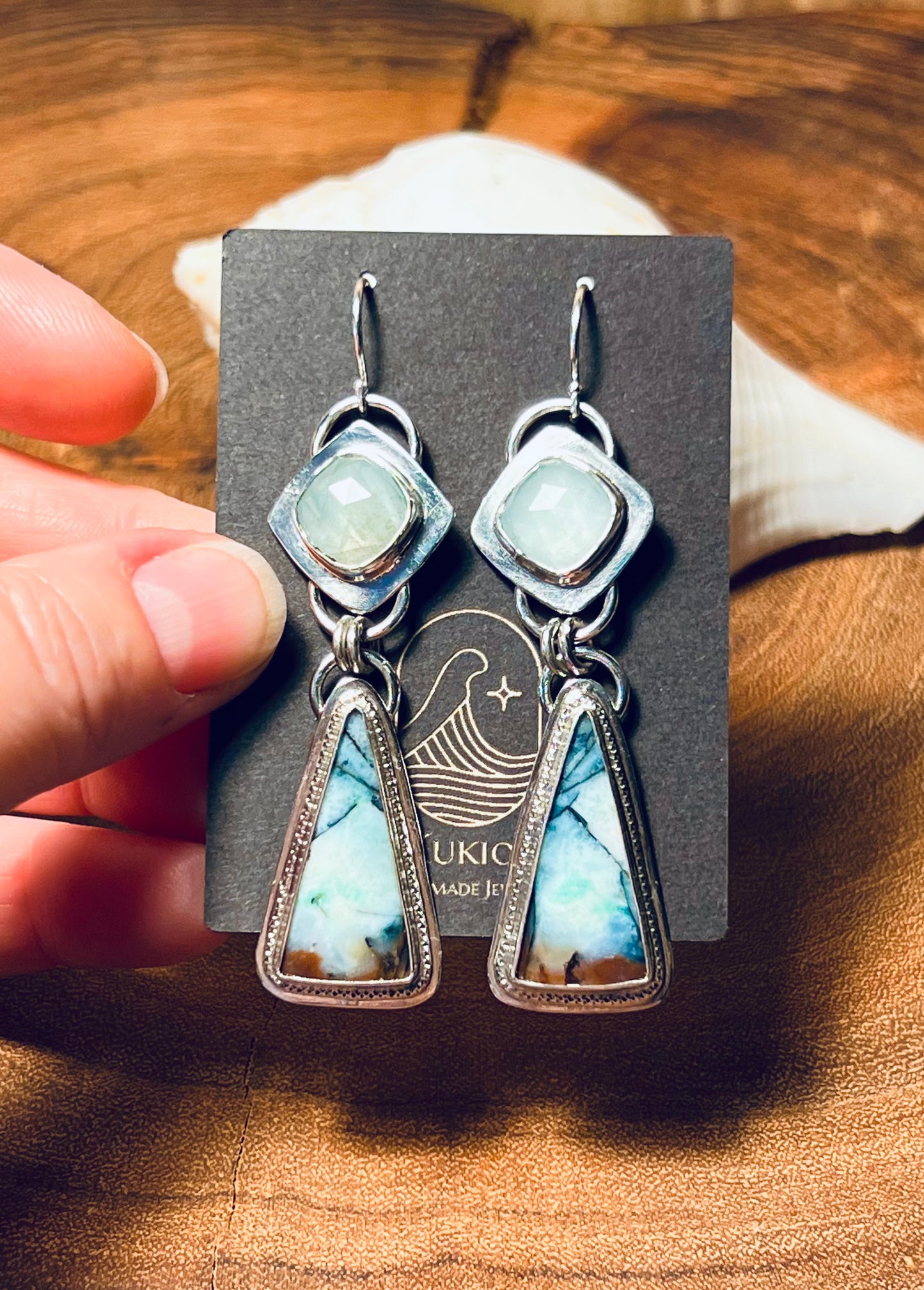 Opalized Wood and Aquamarine Sterling Silver Earrings