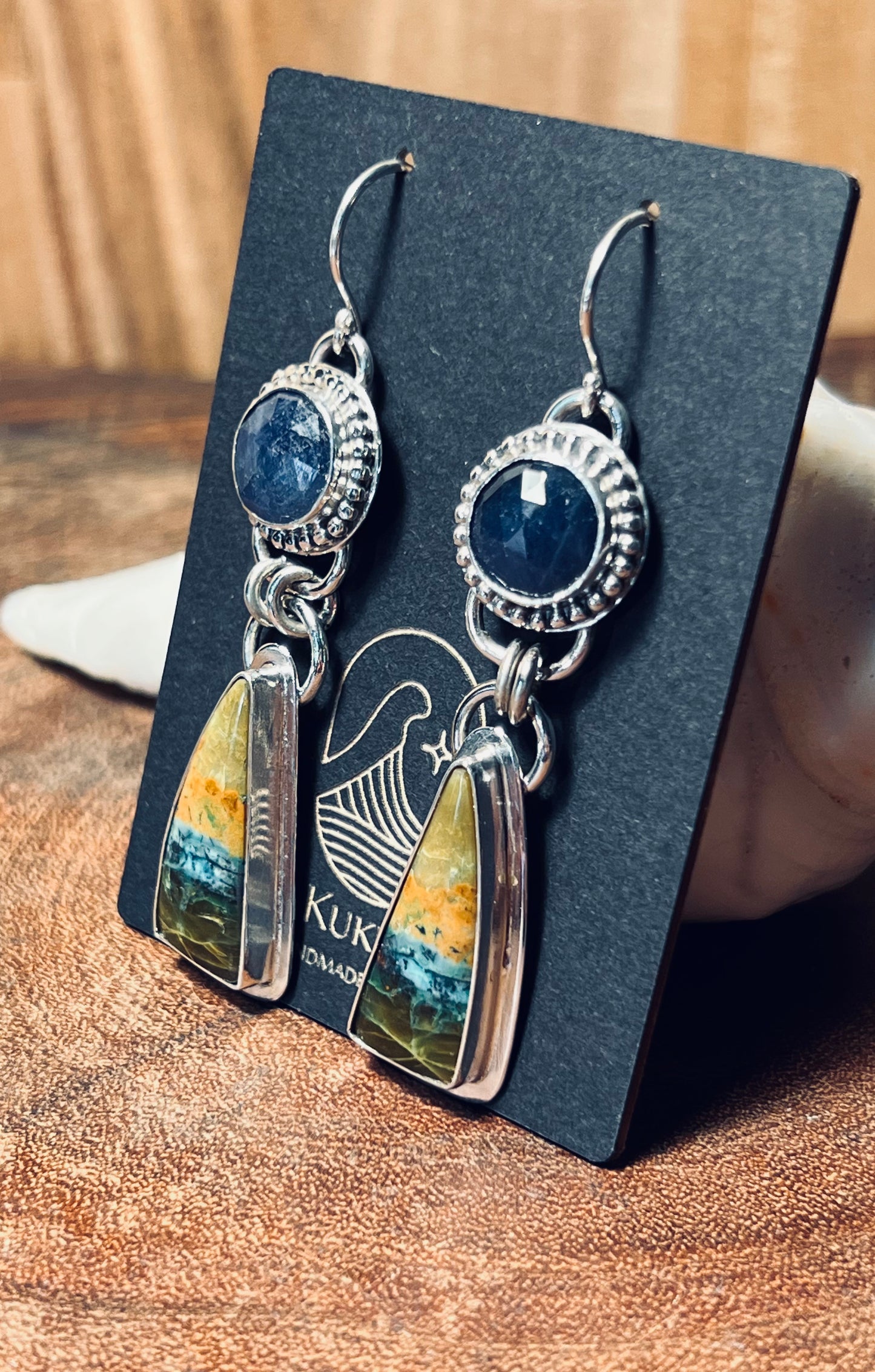 Blue opalized Wood and Sapphire Sterling Silver Earrings