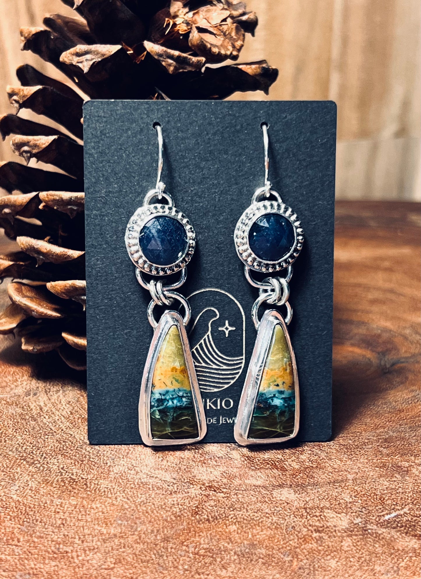 Blue opalized Wood and Sapphire Sterling Silver Earrings