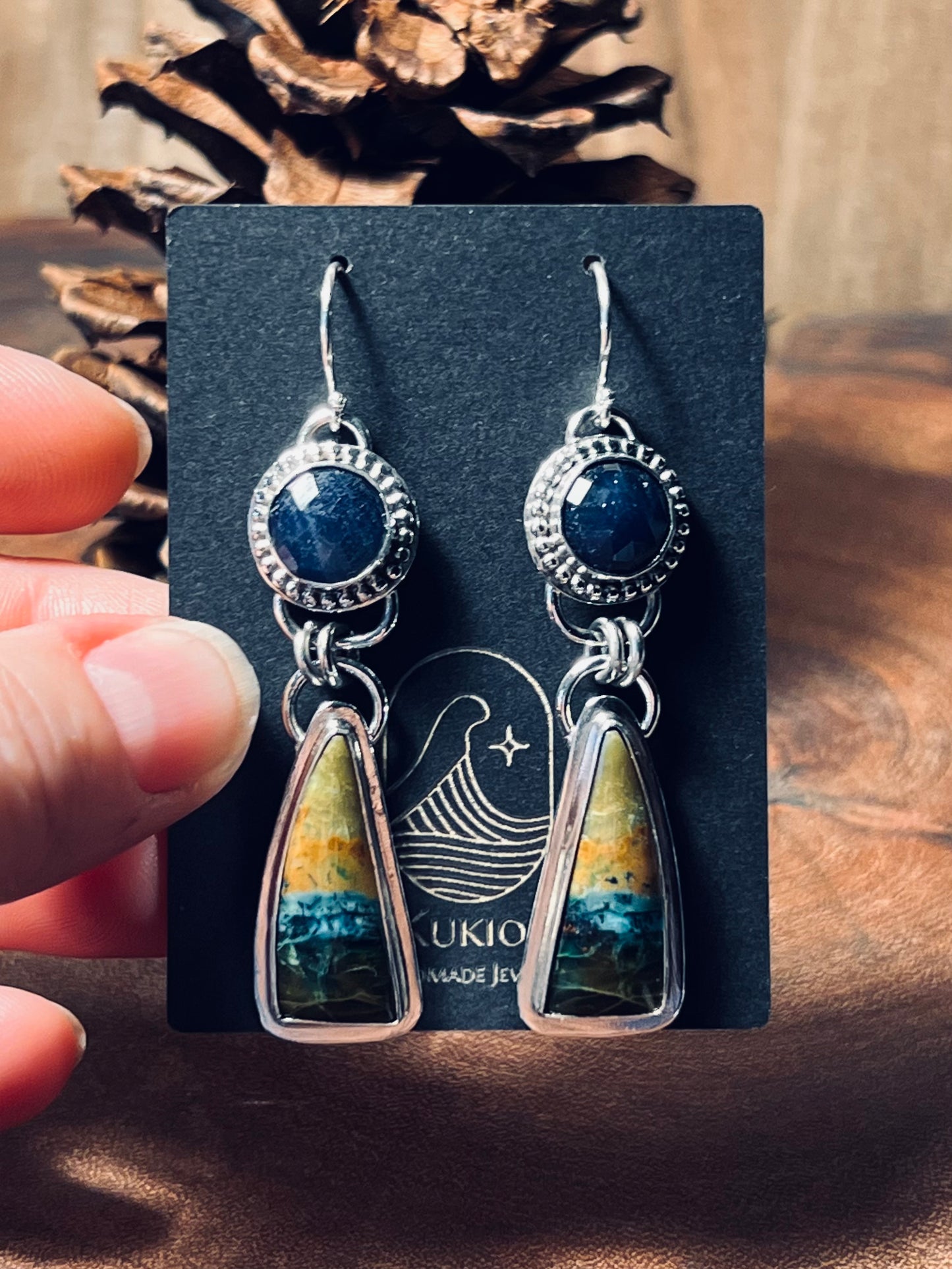 Blue opalized Wood and Sapphire Sterling Silver Earrings